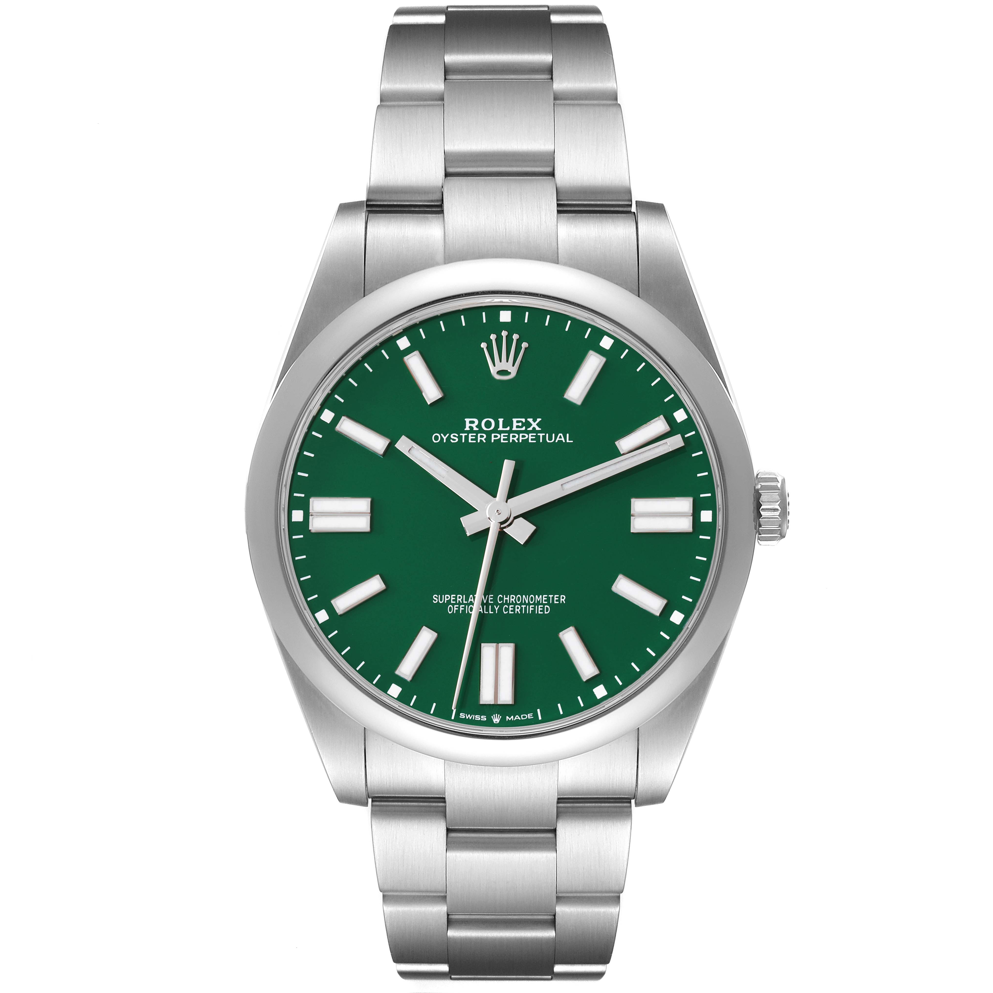 This image shows a frontal view of a Rolex Oyster Perpetual 124300 Men
s Stainless Steel Green Dial 124300 Men
s Stainless Steel Green Dial watch, highlighting its green dial, crown, and stainless steel bracelet.