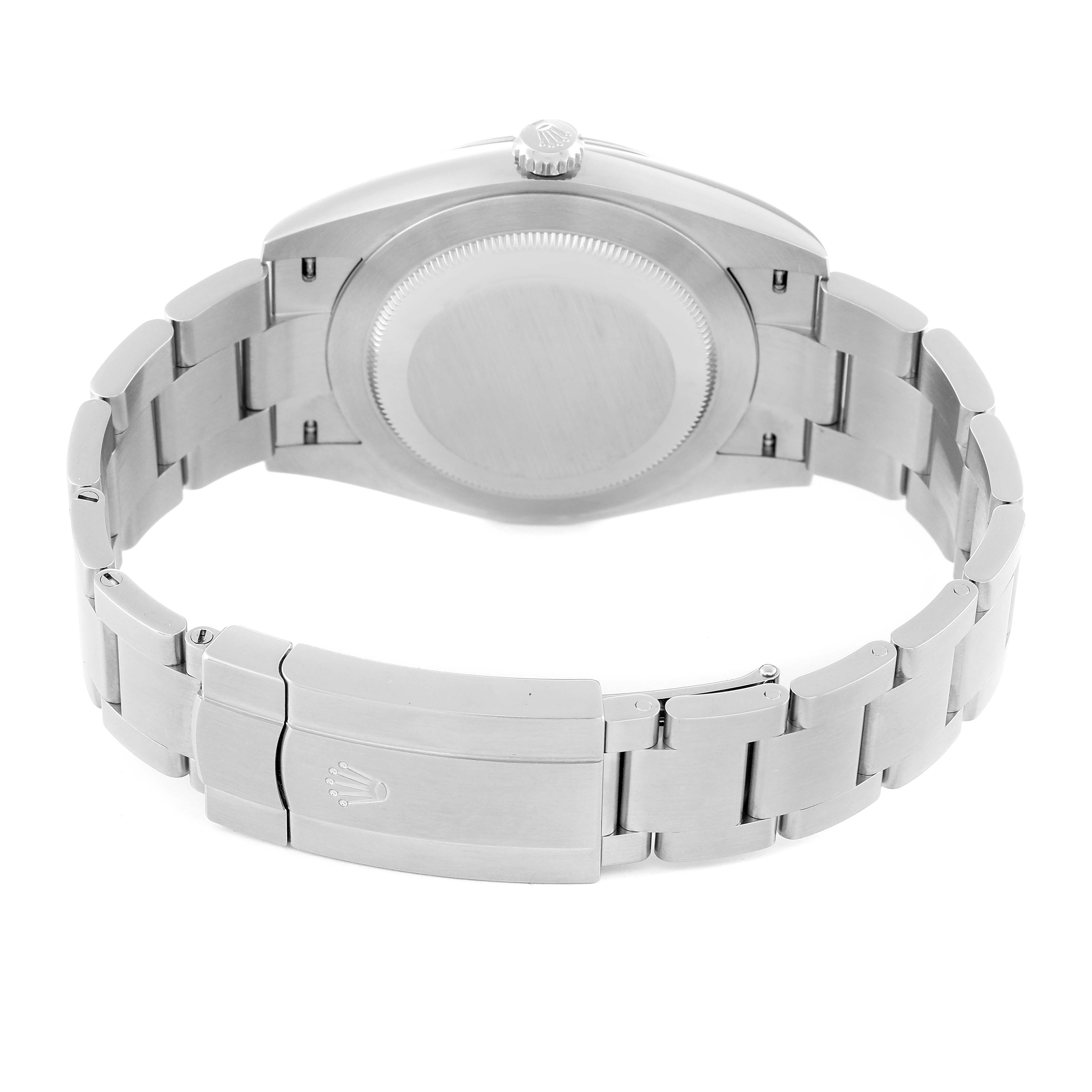 The image shows the back view of a Rolex Oyster Perpetual 124300 Men
s Stainless Steel Green Dial 124300 Men
s Stainless Steel Green Dial watch, highlighting the case back and bracelet with the clasp.