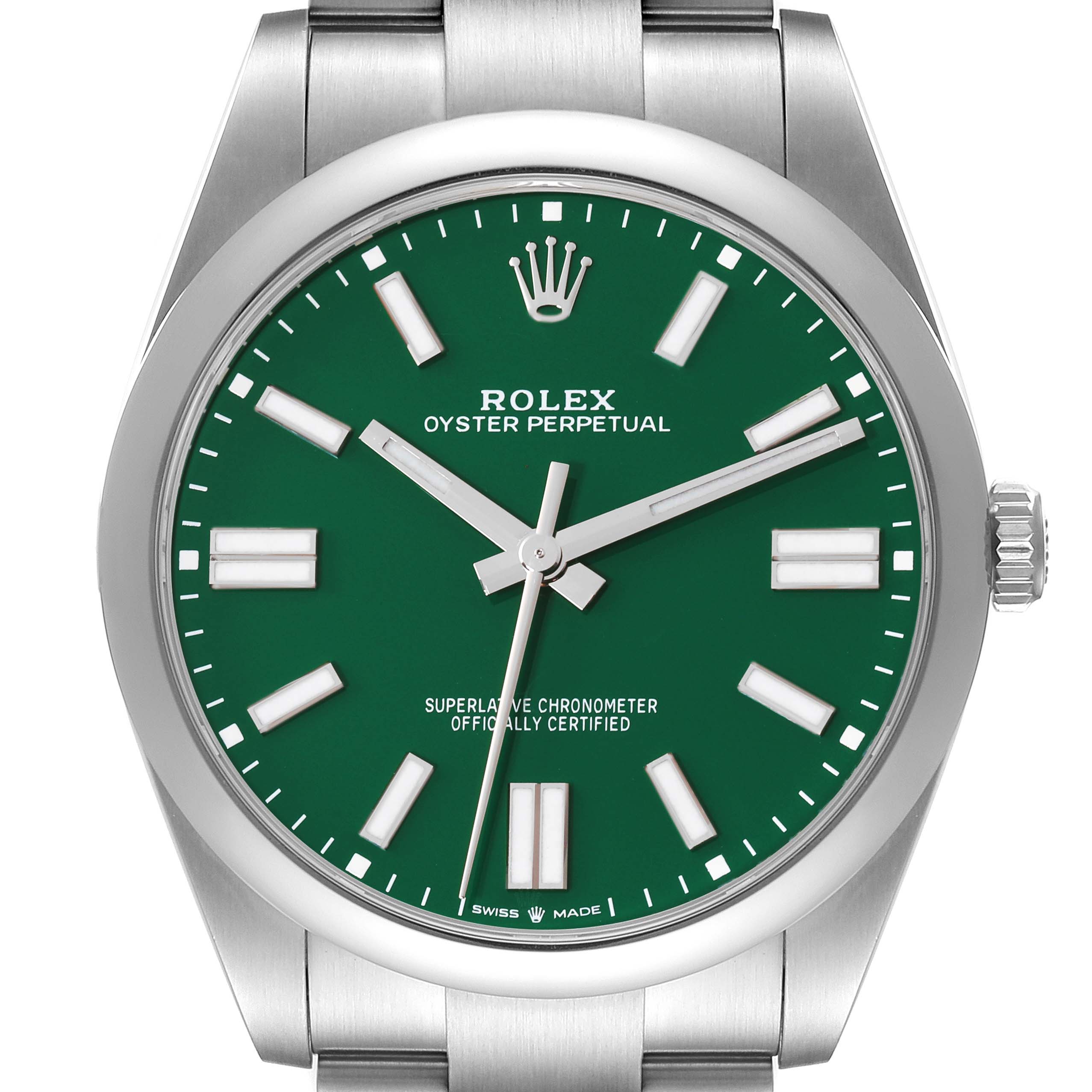 This is a frontal view of the Rolex Oyster Perpetual 124300 Men
s Stainless Steel Green Dial 124300 Men
s Stainless Steel Green Dial watch, showcasing its green dial and stainless steel bracelet.
