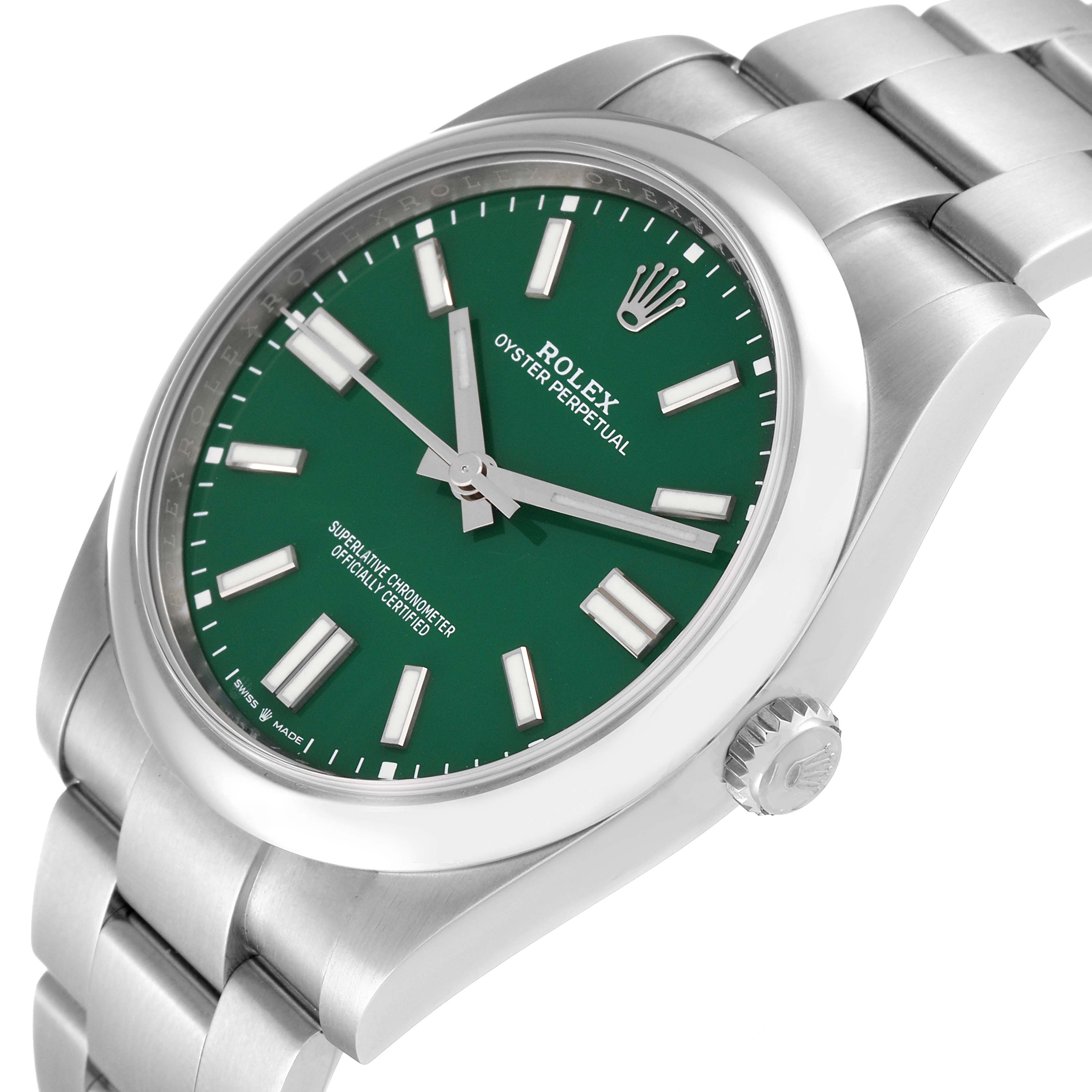The image shows a side-angle view of a Rolex Oyster Perpetual 124300 Men
s Stainless Steel Green Dial 124300 Men
s Stainless Steel Green Dial watch, highlighting the green dial, crown, and stainless steel bracelet.