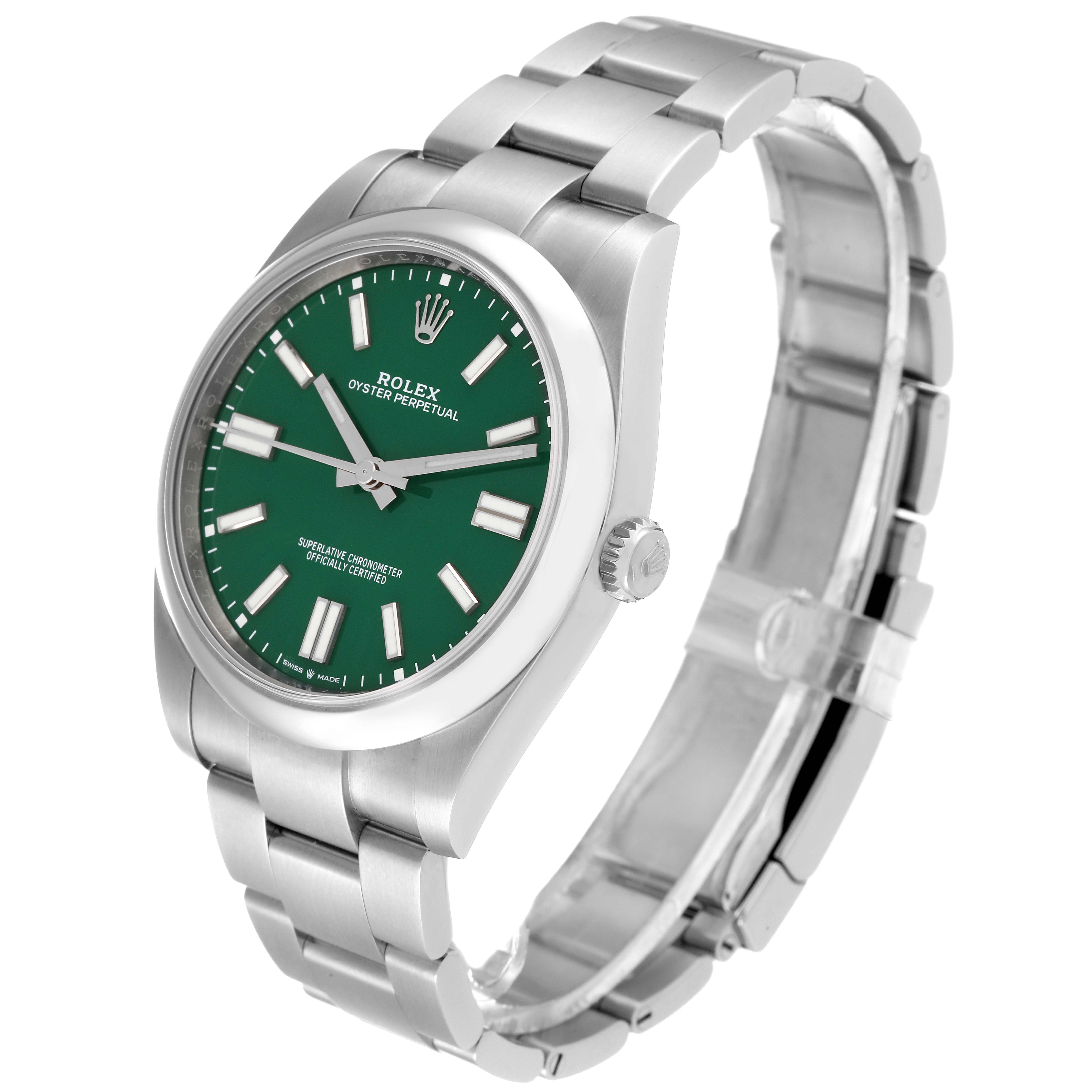 The Rolex Oyster Perpetual 124300 Men
s Stainless Steel Green Dial 124300 Men
s Stainless Steel Green Dial watch is shown at a slight angle displaying the dial, case, and bracelet.