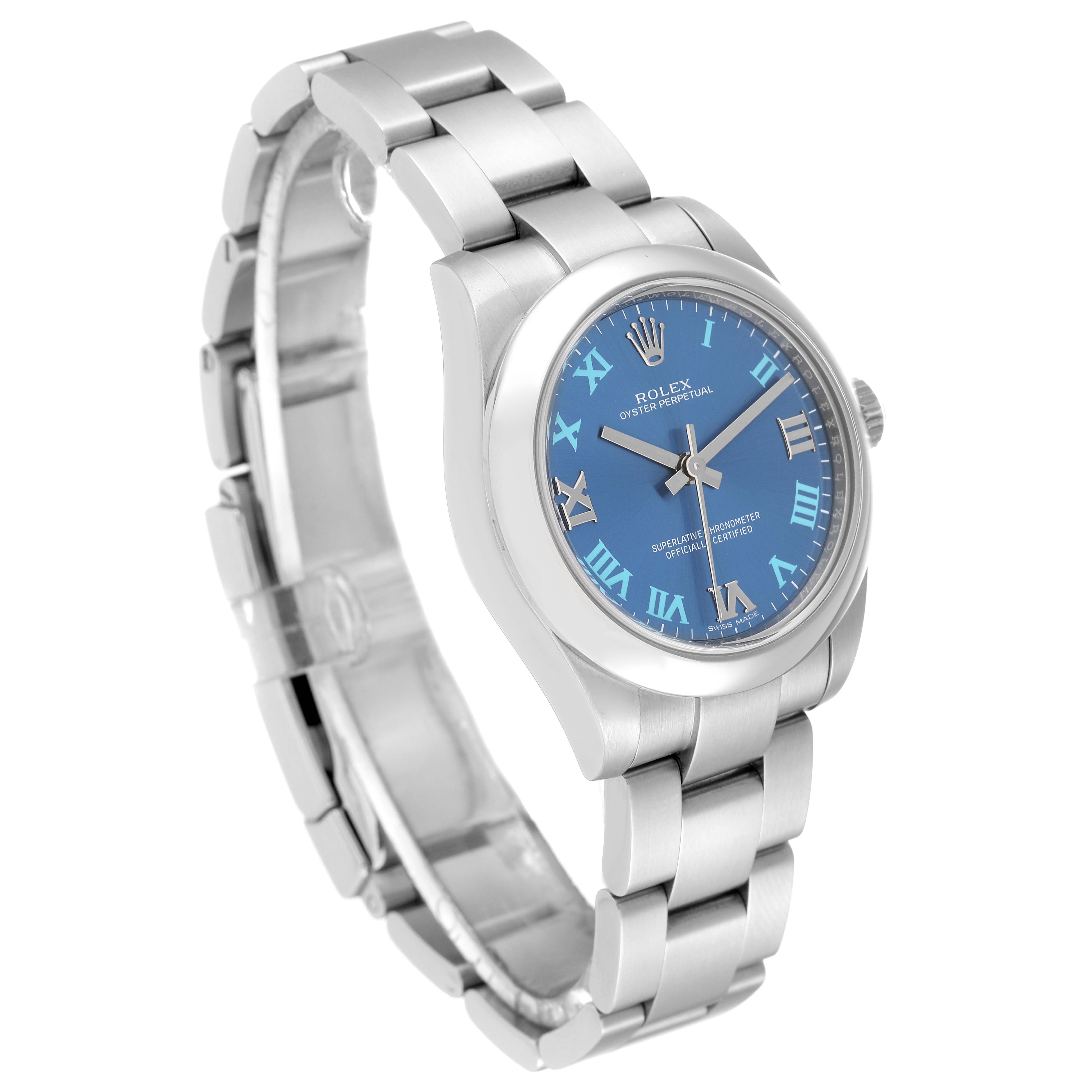 The image shows a side angle of a Rolex Mid-Size 177200 Women's Stainless Steel Blue Dial 177200 Women's Stainless Steel Blue Dial model watch, highlighting its case, bracelet, and blue dial.
