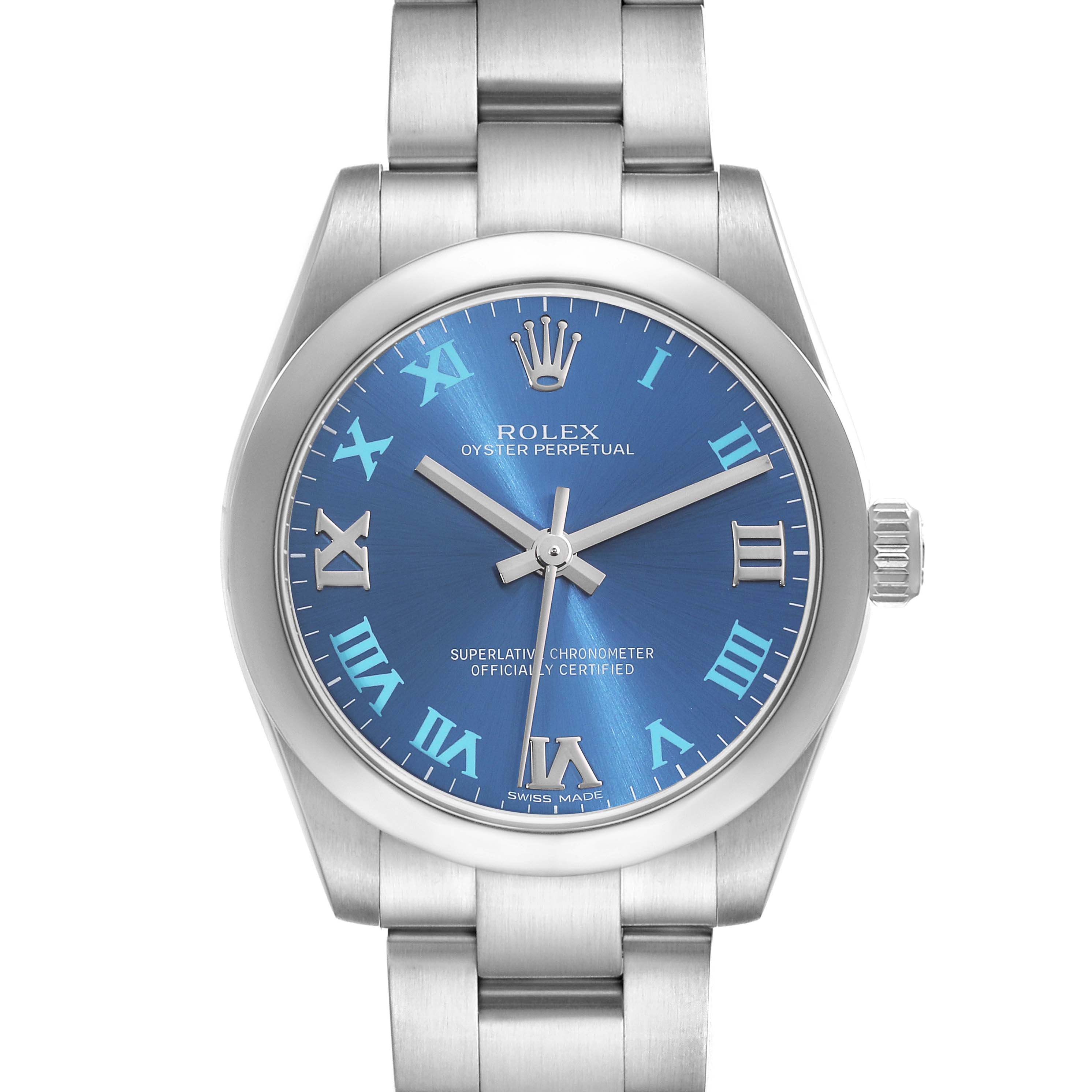 This image shows a front view of the Rolex Oyster Perpetual Mid-Size watch, highlighting its blue dial and stainless steel bracelet.