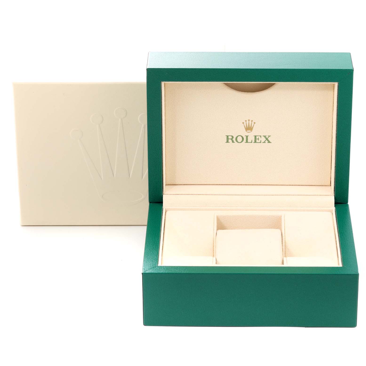 This image shows an open Rolex watch box for a Mid-Size model, with the inner cushion and an outer cream-colored sleeve.