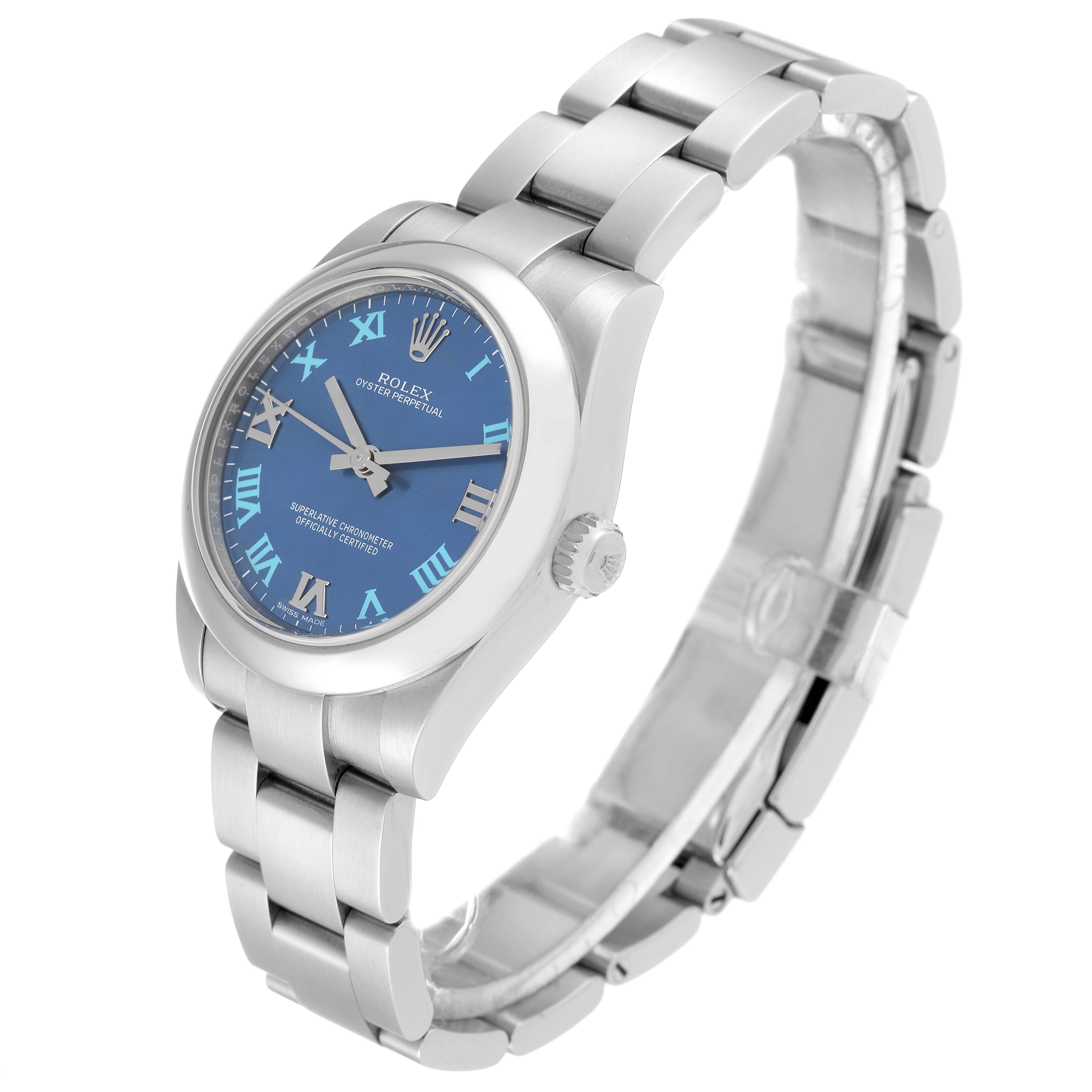 The Rolex Mid-Size 177200 Women's Stainless Steel Blue Dial 177200 Women's Stainless Steel Blue Dial model is shown at a slightly tilted angle, highlighting its blue dial, Roman numerals, and stainless steel bracelet.