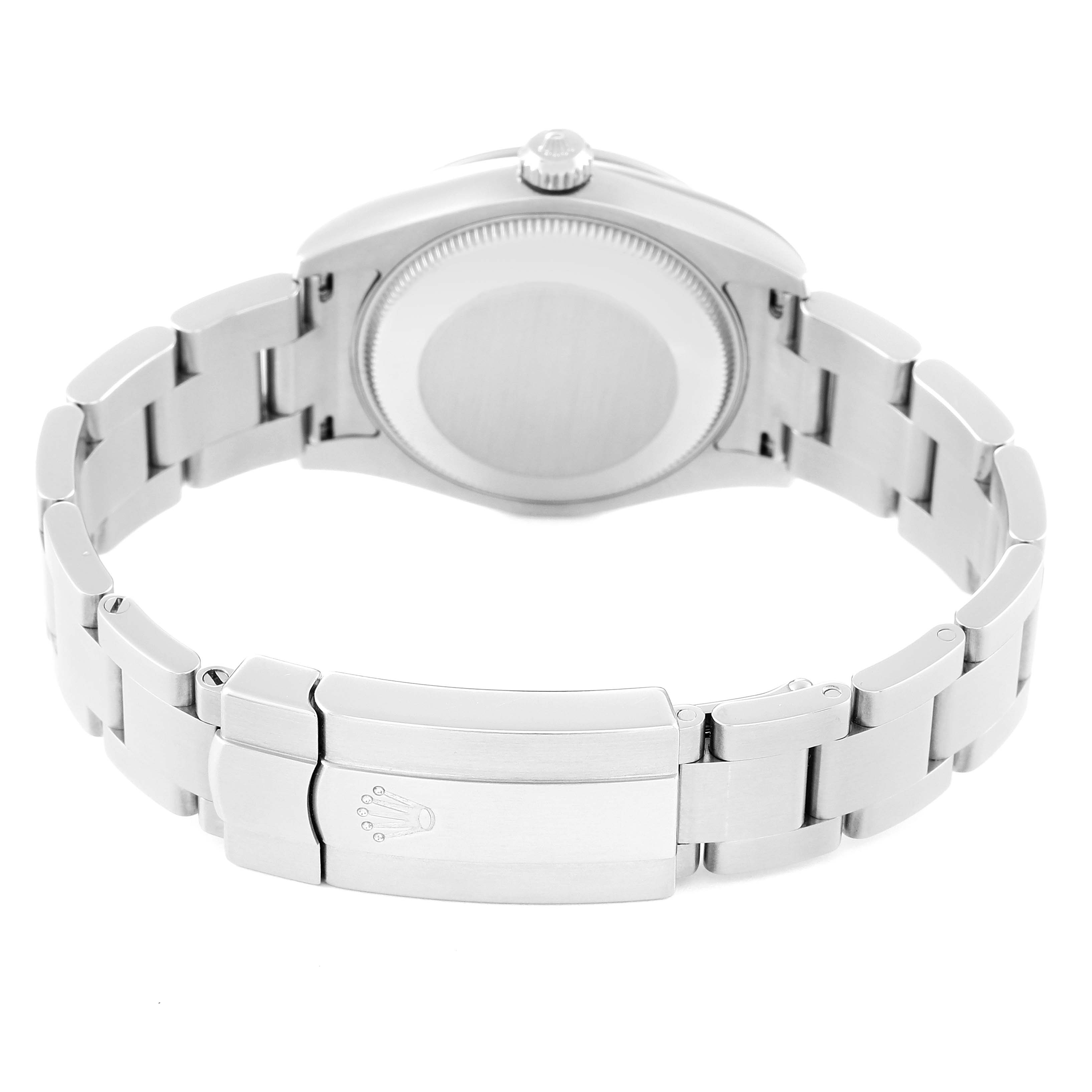 This image shows the back view of the Mid-Size Rolex watch, highlighting the case back and the clasp on the bracelet.