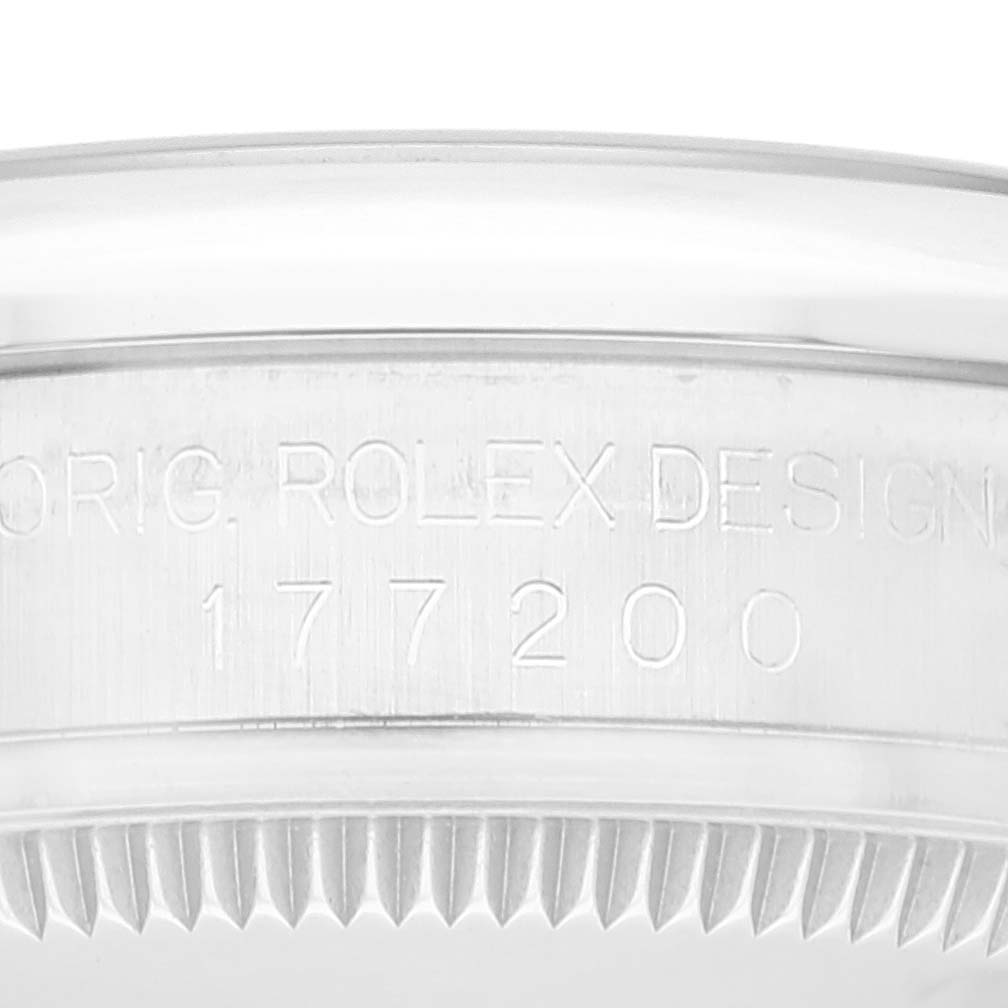 This image shows a partial view of the case and bezel of a mid-size Rolex watch, model number 177200.