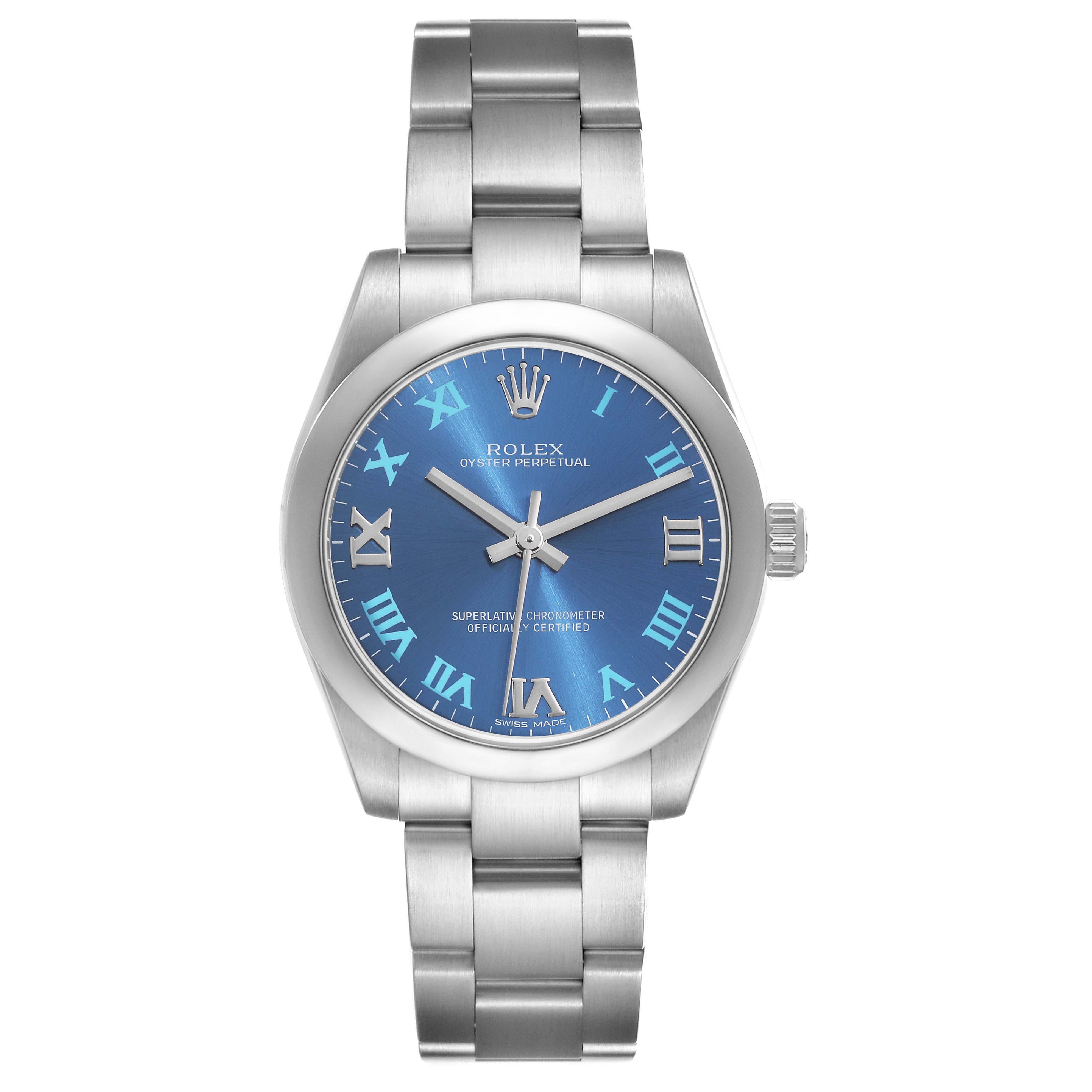 This is a front view of the Rolex Mid-Size 177200 Women's Stainless Steel Blue Dial 177200 Women's Stainless Steel Blue Dial Oyster Perpetual watch, showing its blue dial, Roman numerals, and stainless steel bracelet.
