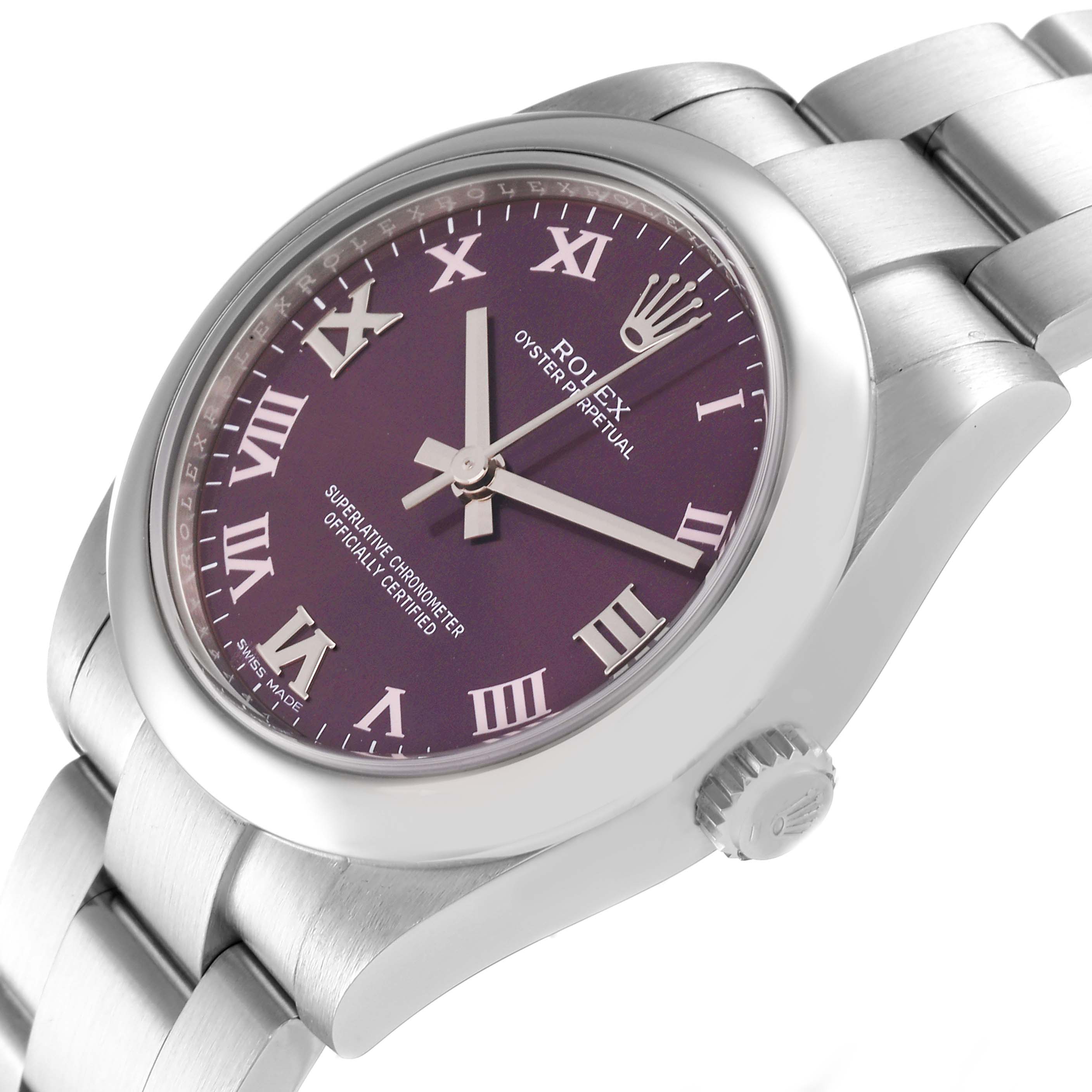 The watch is a Mid-Size Rolex Oyster Perpetual shown at a slight angle, displaying the face, case, bezel, crown, and part of the bracelet.