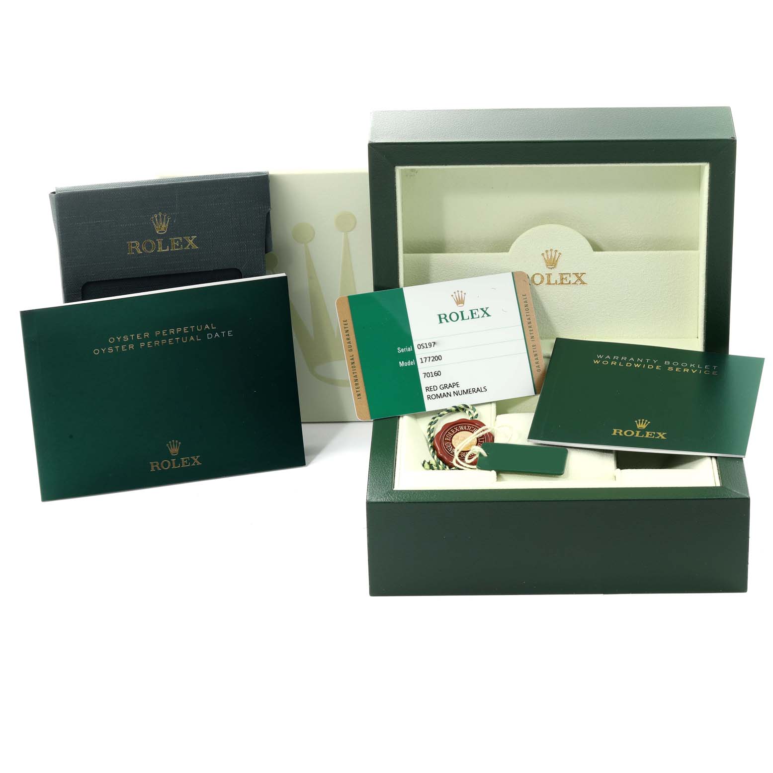 The image shows the packaging and accessories for a Mid-Size Rolex watch, including manuals, warranty card, and tags.