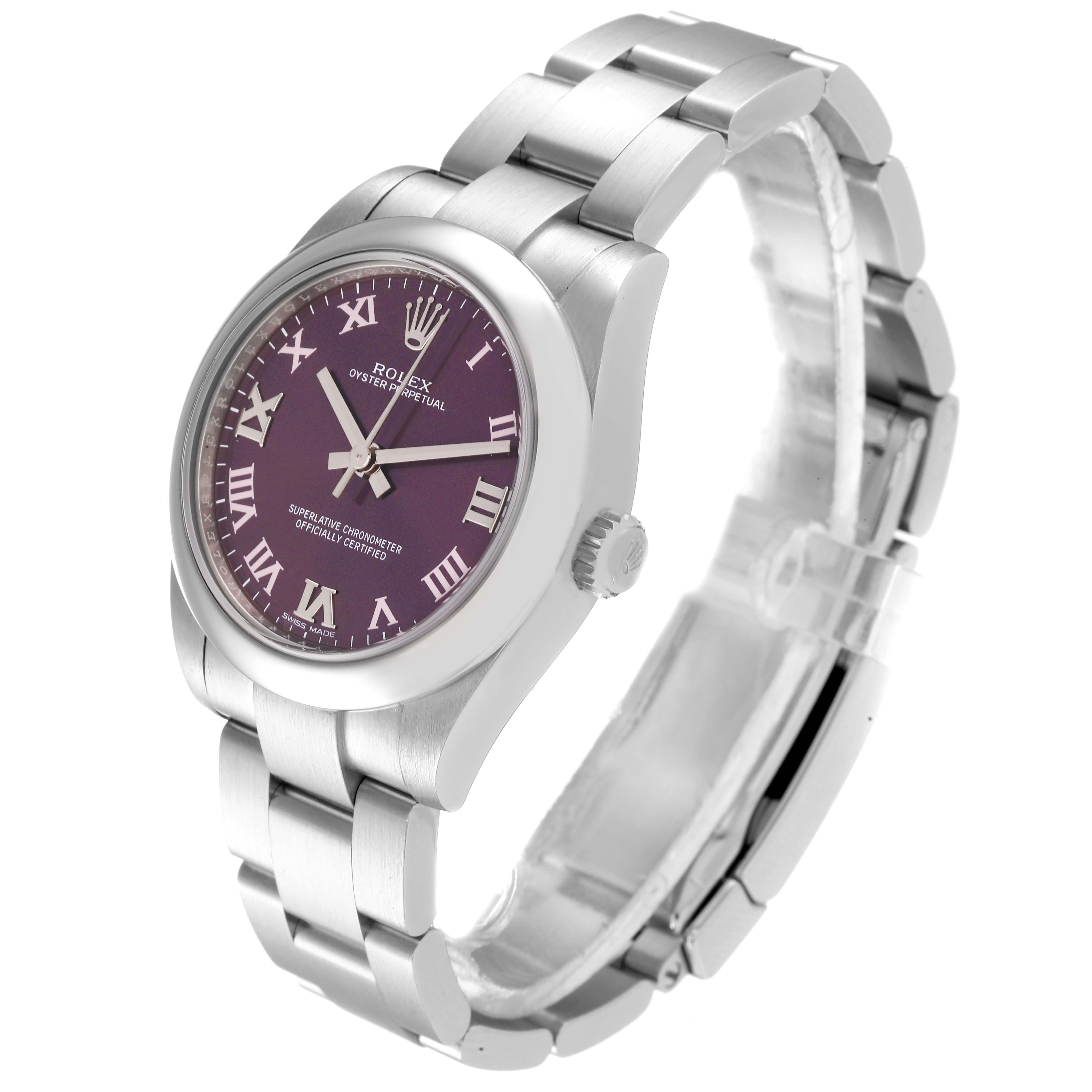 The image shows a side angle of the Rolex Oyster Perpetual Mid-Size watch, highlighting the dial, case, and bracelet.