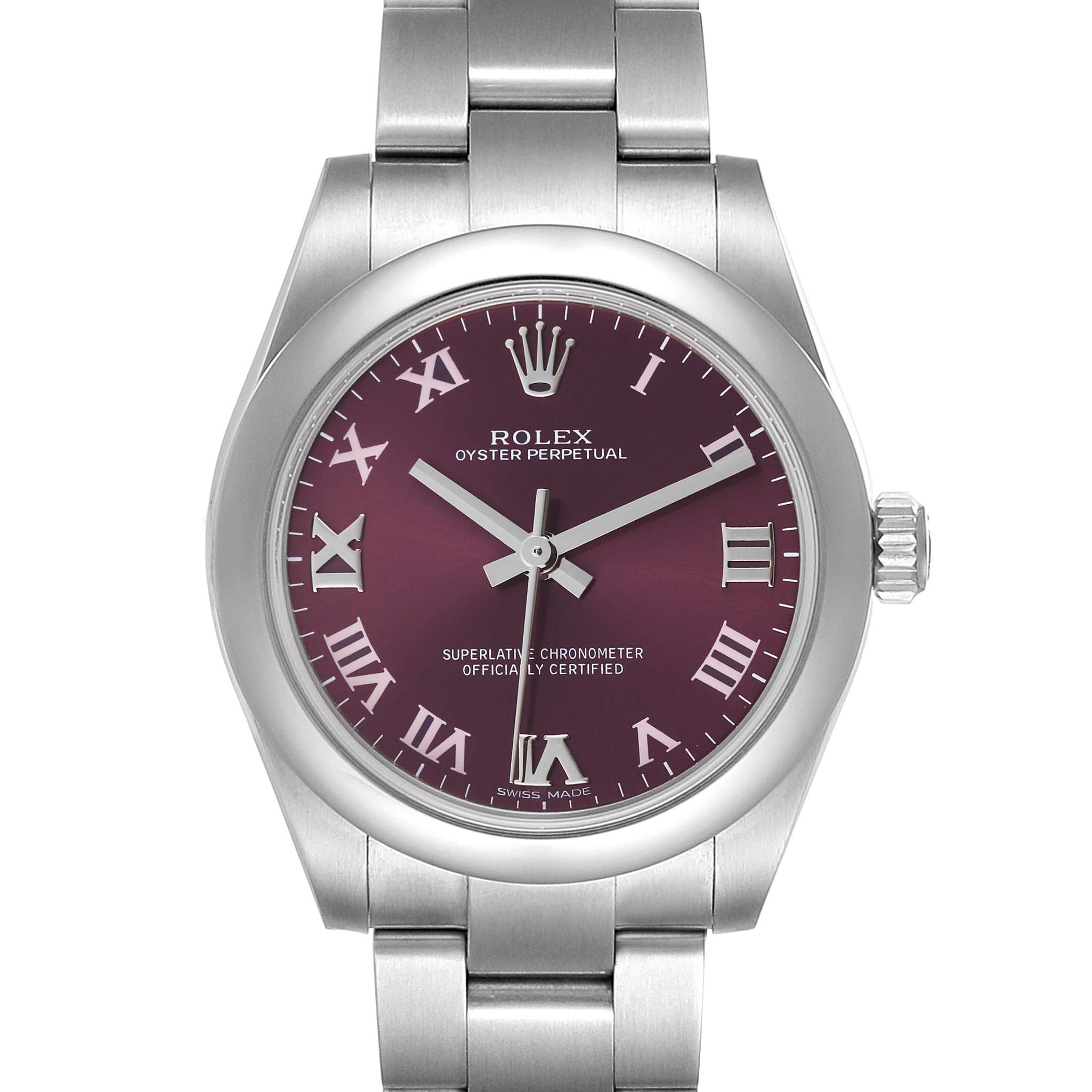 This image shows a front view of a Rolex Mid-Size 177200 Women's Stainless Steel Burgundy Dial 177200 Women's Stainless Steel Burgundy Dial Oyster Perpetual watch, highlighting its purple dial and stainless steel bracelet.