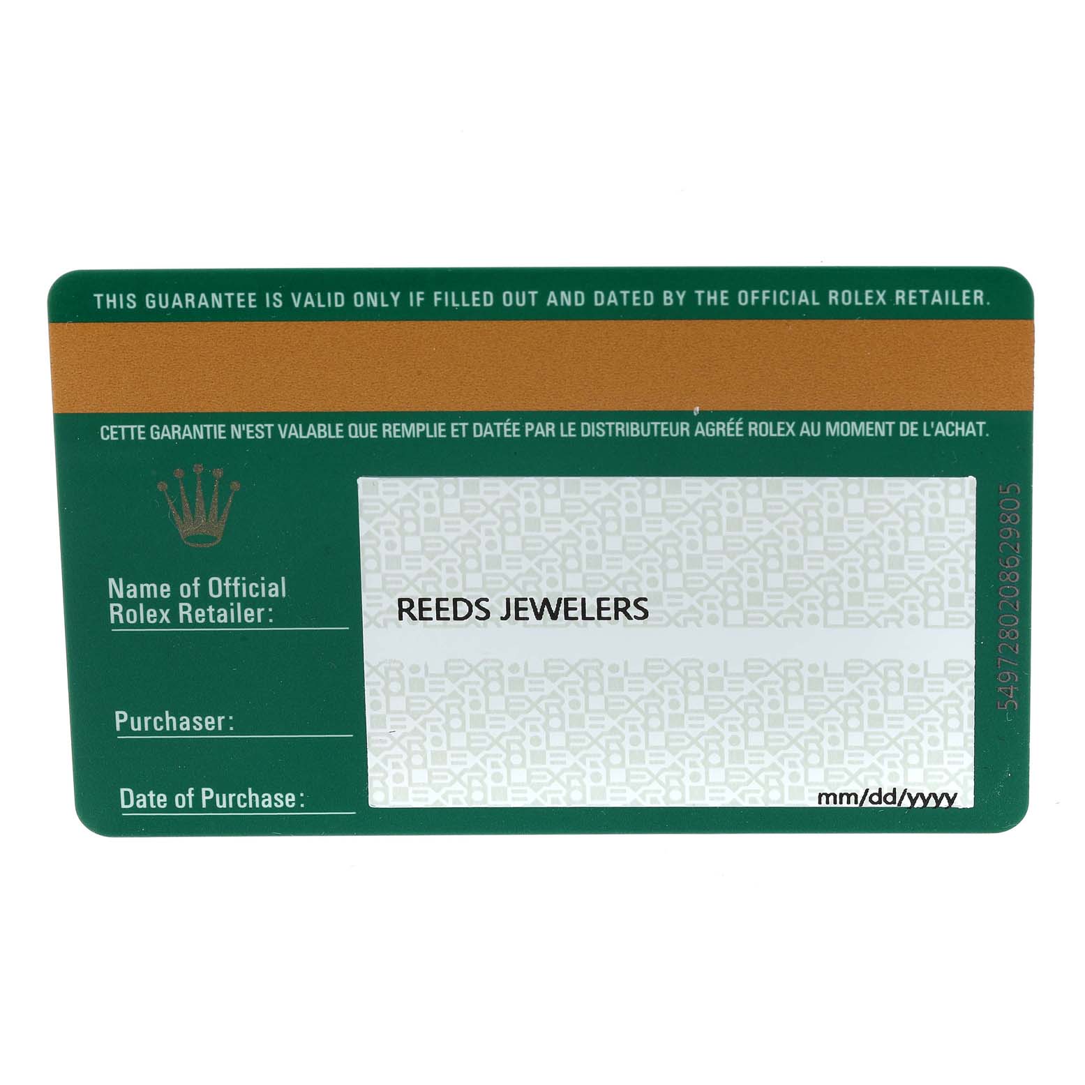 The image shows a Rolex guarantee card for a Mid-Size model, displaying the retailer's name and fields for purchaser and purchase date.