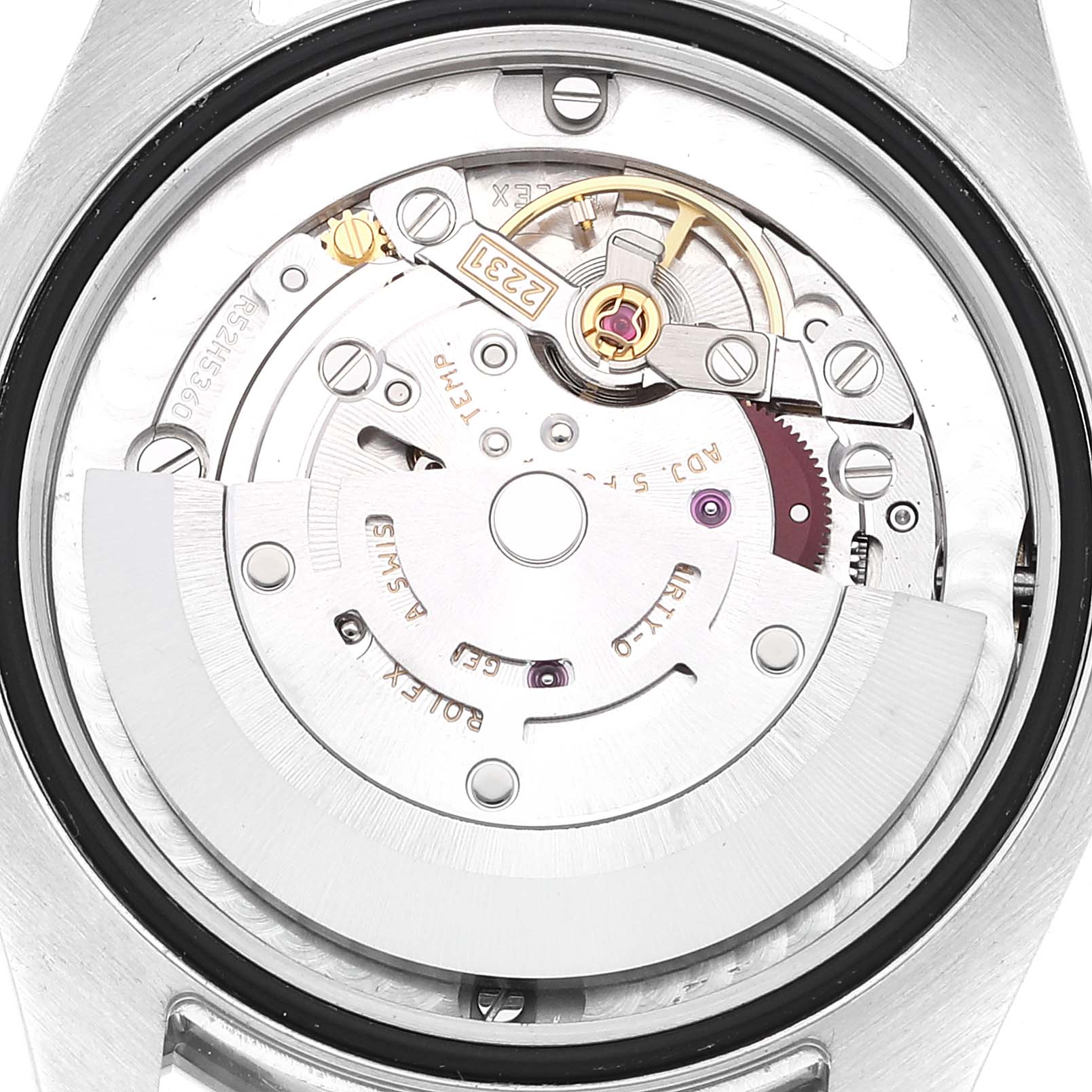 The image shows the back view of a Rolex Mid-Size 177200 Women's Stainless Steel Burgundy Dial 177200 Women's Stainless Steel Burgundy Dial watch, highlighting its internal mechanism and movement components.