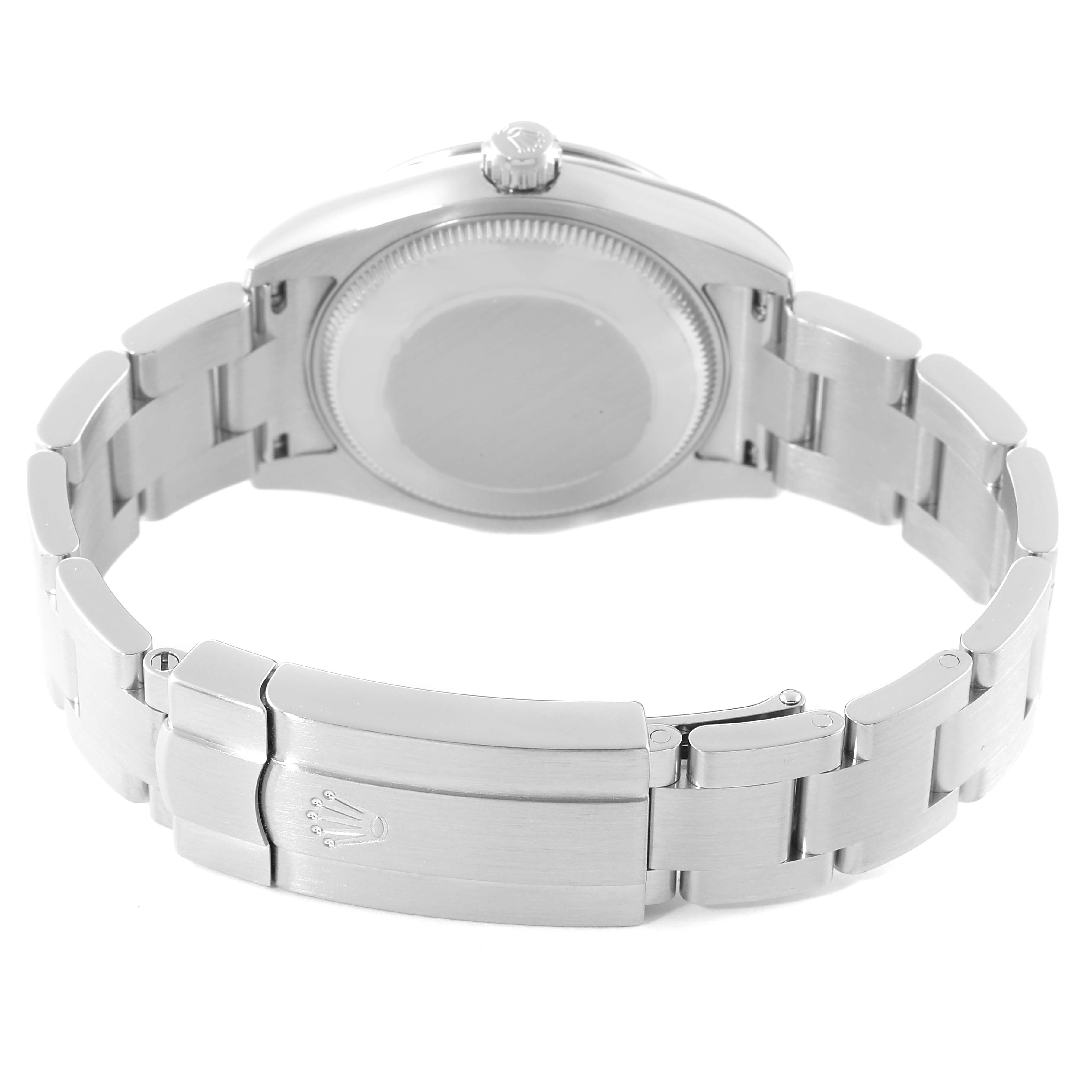 This image shows the back and clasp of a Mid-Size Rolex watch, highlighting its bracelet and closed caseback.