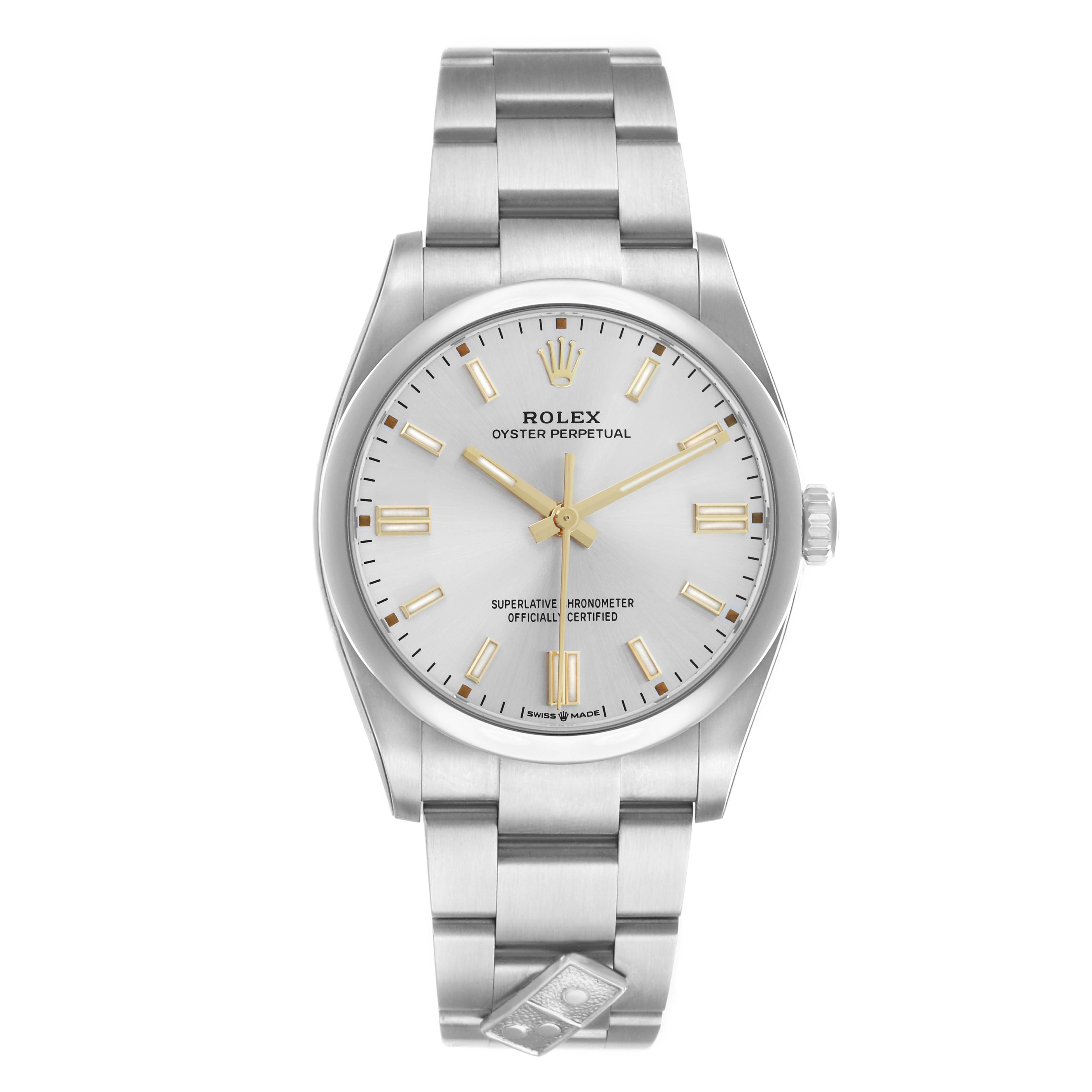 The Rolex Oyster Perpetual 126000 Men's Stainless Steel Silver Dial watch is shown from a frontal angle, highlighting the dial, bezel, and bracelet.