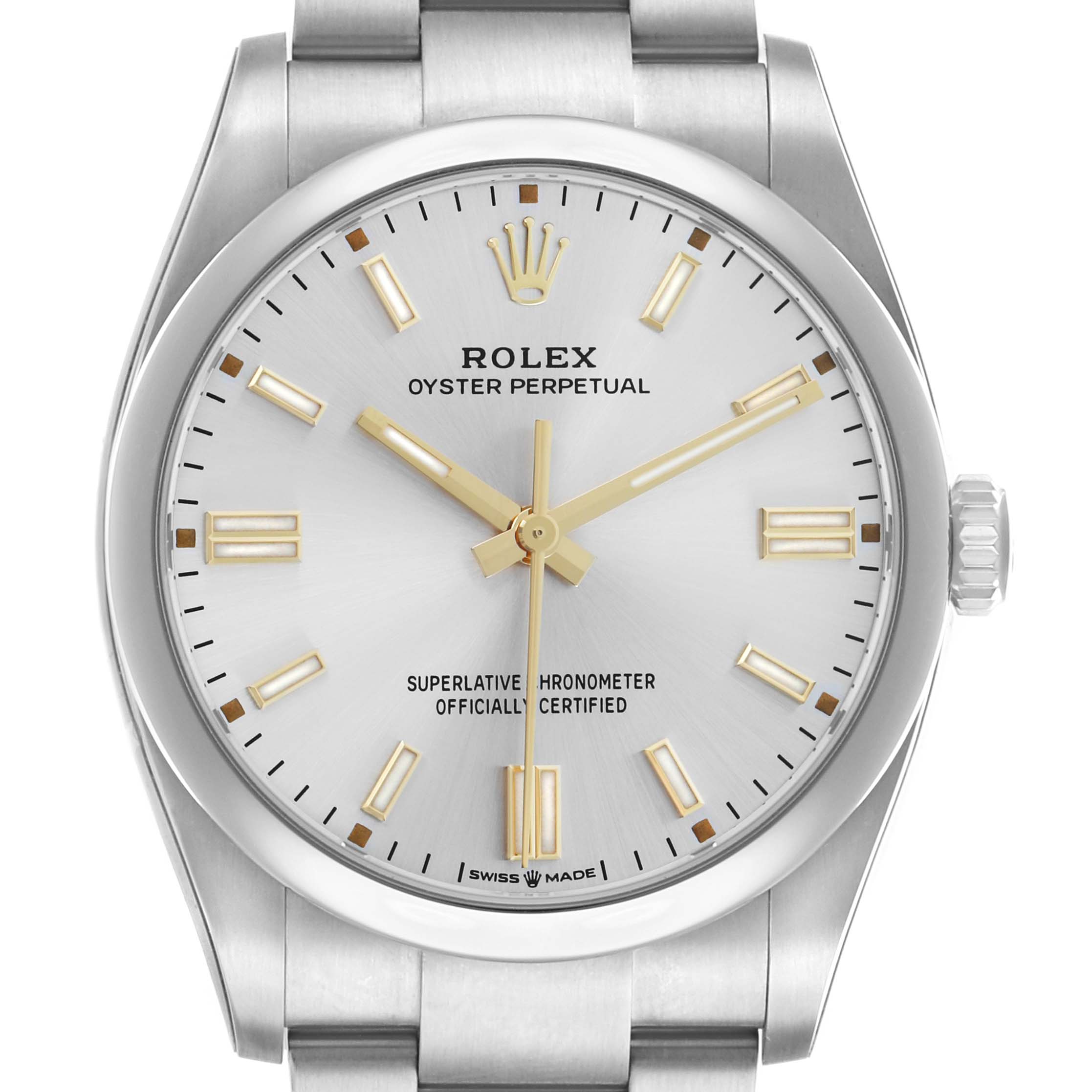 The Rolex Oyster Perpetual 126000 Men's Stainless Steel Silver Dial watch is shown from a frontal angle, highlighting the dial, hour markers, hands, and crown.