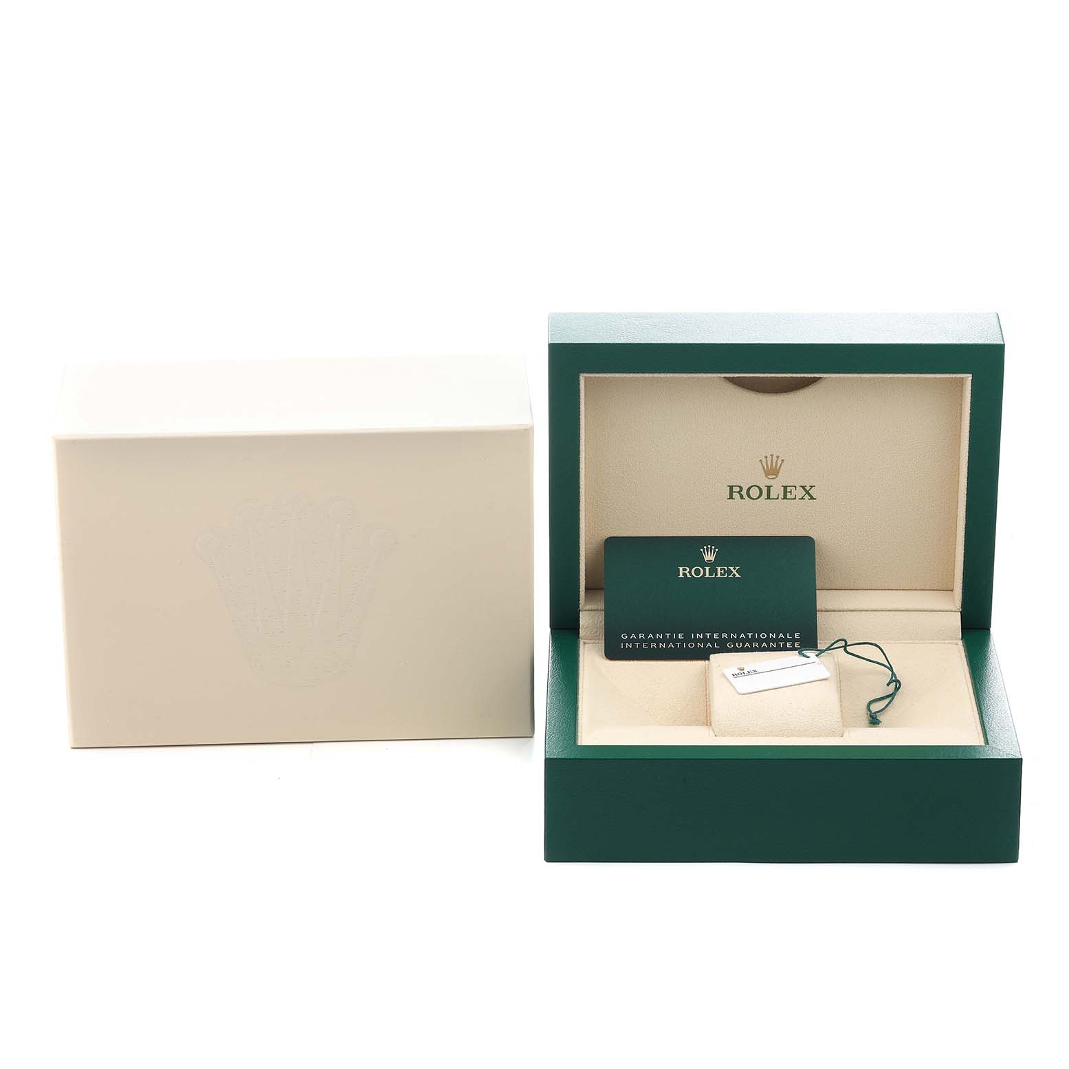 The image shows an open Rolex Oyster Perpetual 126000 Men's Stainless Steel Silver Dial box with a guarantee card inside, alongside the outer packaging.