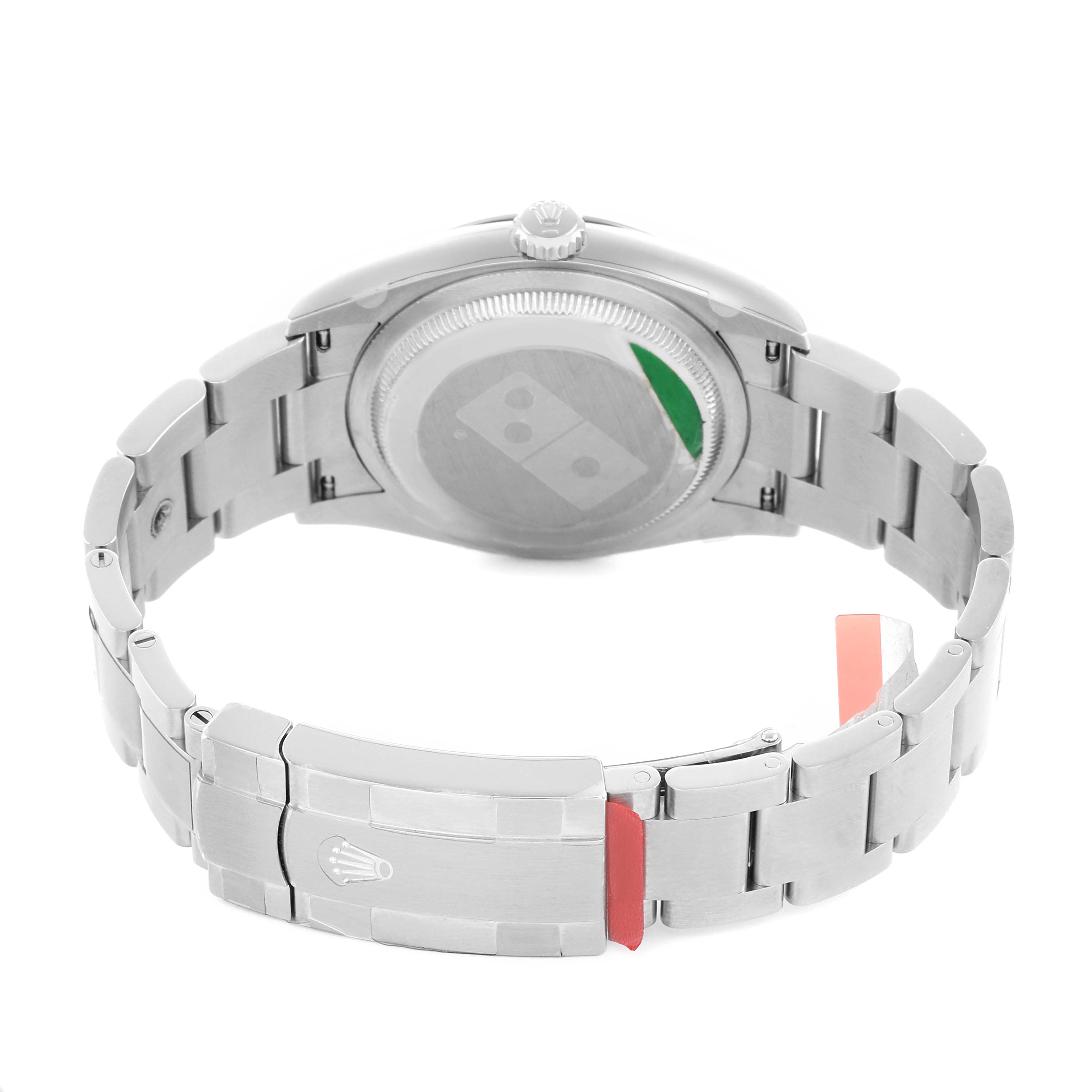 The image shows the back of a Rolex Oyster Perpetual 126000 Men's Stainless Steel Silver Dial watch, focusing on the bracelet and clasp.