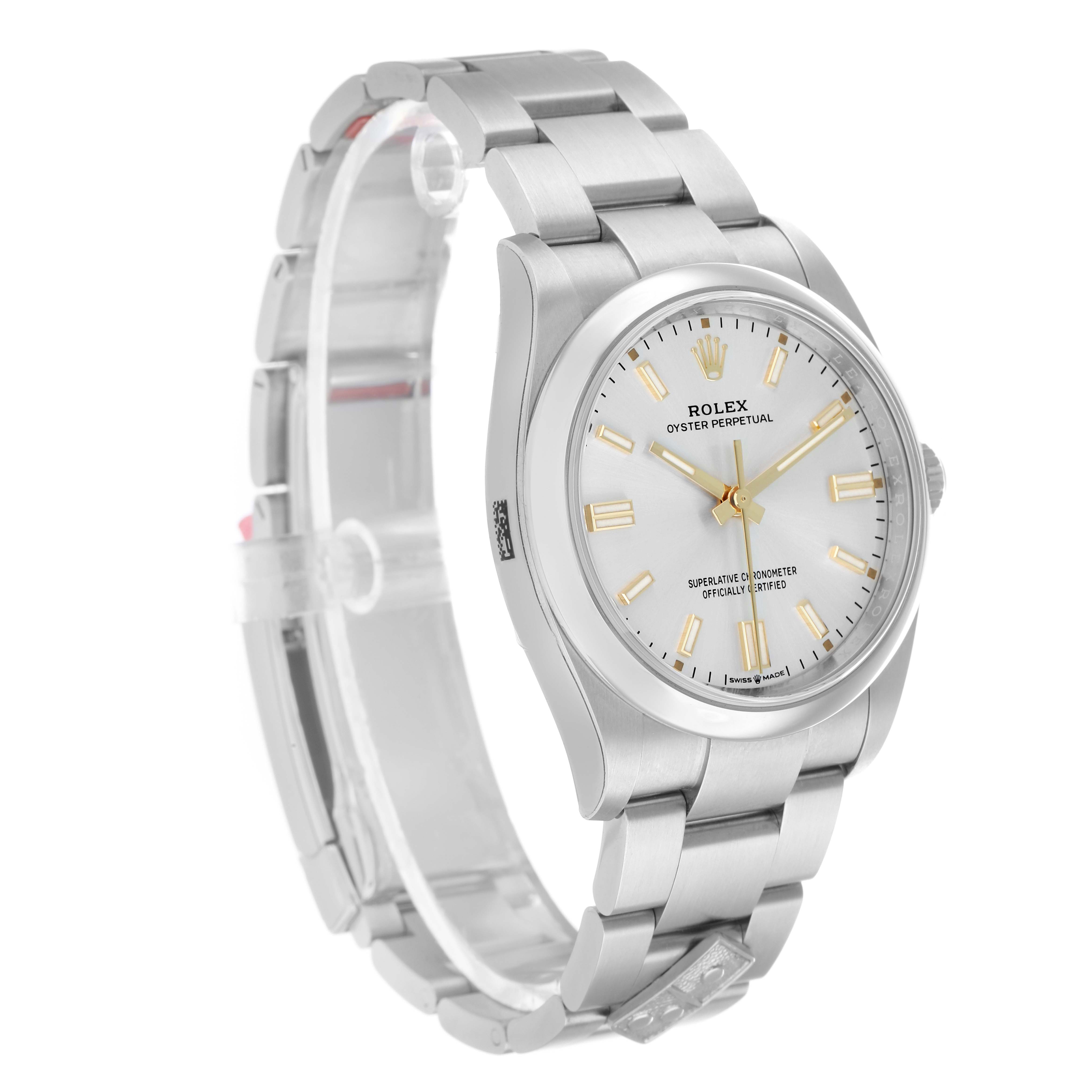 The Rolex Oyster Perpetual 126000 Men's Stainless Steel Silver Dial watch is shown at a three-quarter angle, highlighting the bracelet, case, and dial.