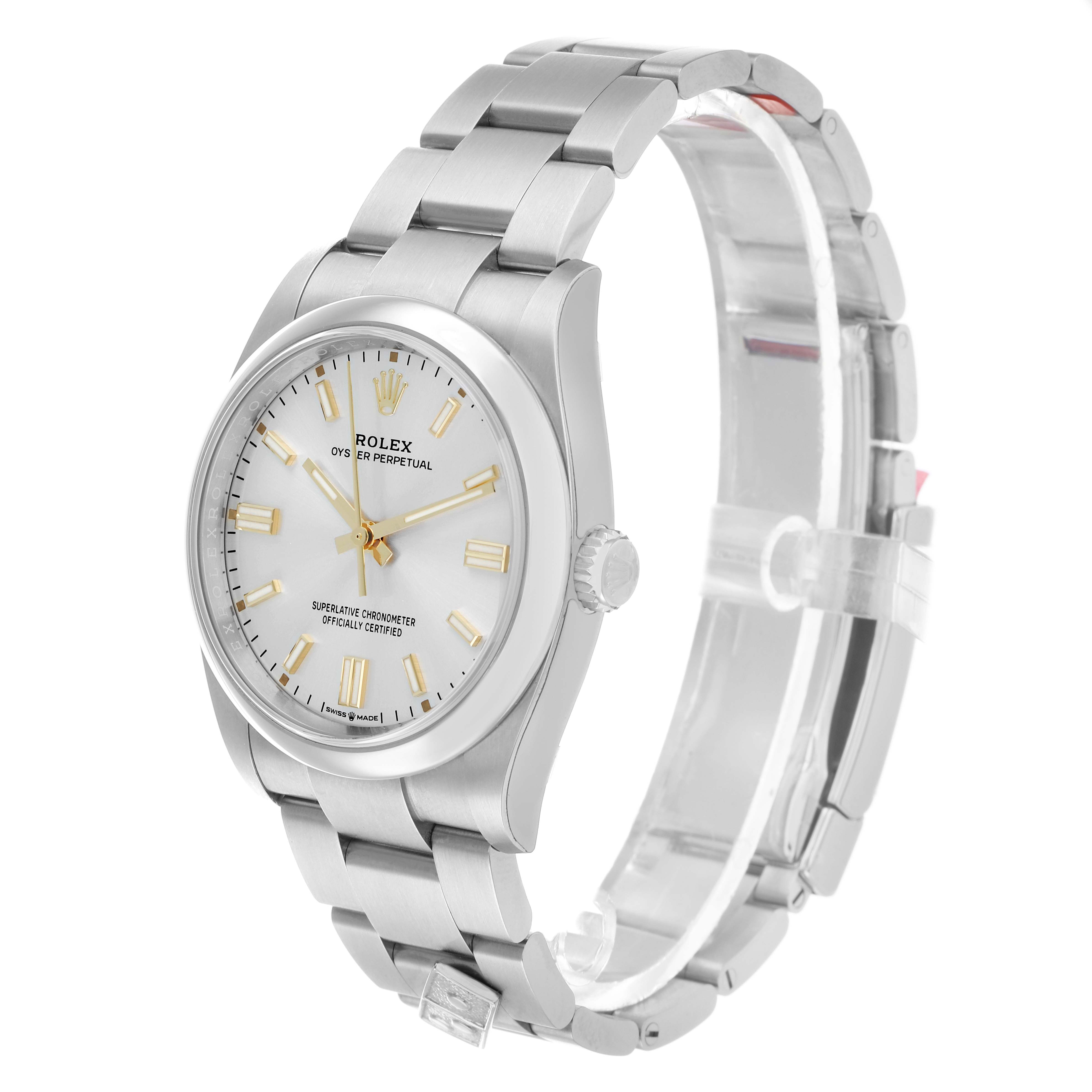 The Rolex Oyster Perpetual 126000 Men's Stainless Steel Silver Dial watch is shown at a slight angle, displaying the face, bezel, crown, and stainless steel bracelet.