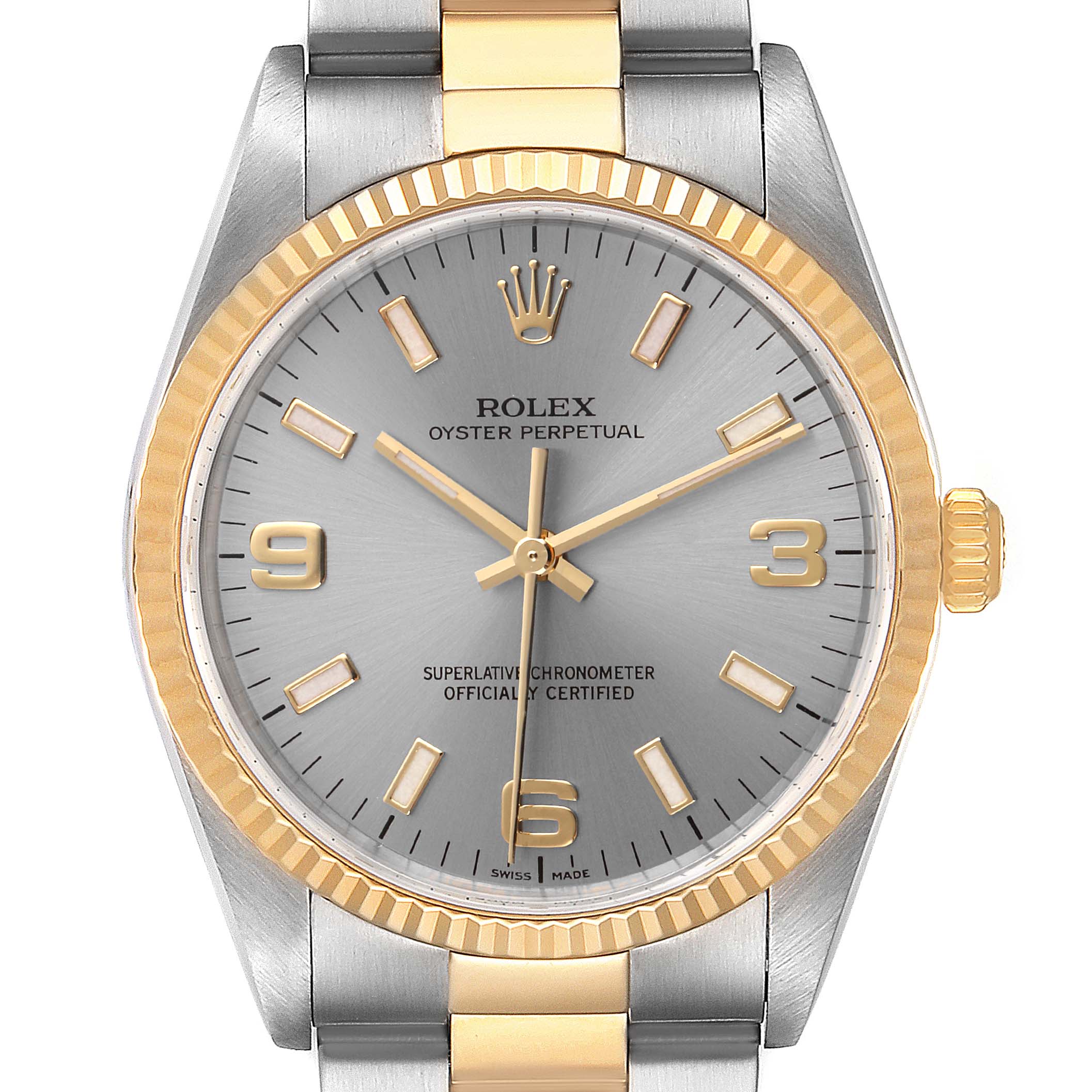 The image shows a close-up of the Rolex Oyster Perpetual 14233 Men's Steel and Gold (two tone) Grey Dial 14233 Men's Steel and Gold (two tone) Grey Dial watch displaying its dial, bezel, and a portion of the bracelet.