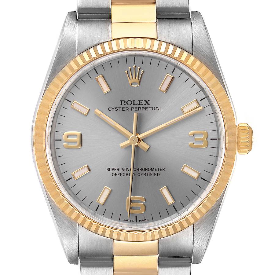 Rolex Oyster Perpetual Steel Yellow Gold Slate Dial Mens Watch 14233 SwissWatchExpo