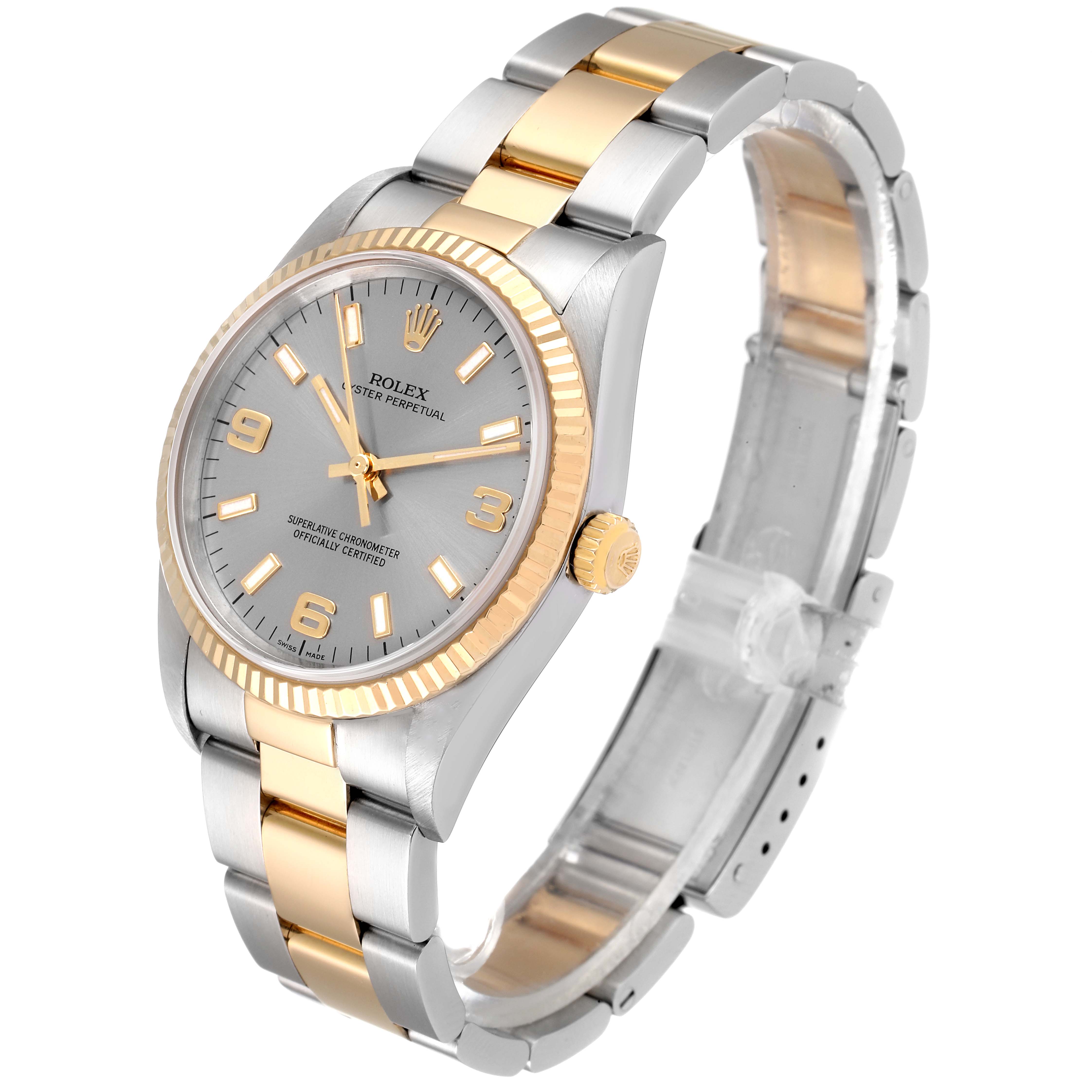 This Rolex Oyster Perpetual 14233 Men's Steel and Gold (two tone) Grey Dial 14233 Men's Steel and Gold (two tone) Grey Dial watch is shown at a three-quarter angle, highlighting its two-tone bracelet and dial.