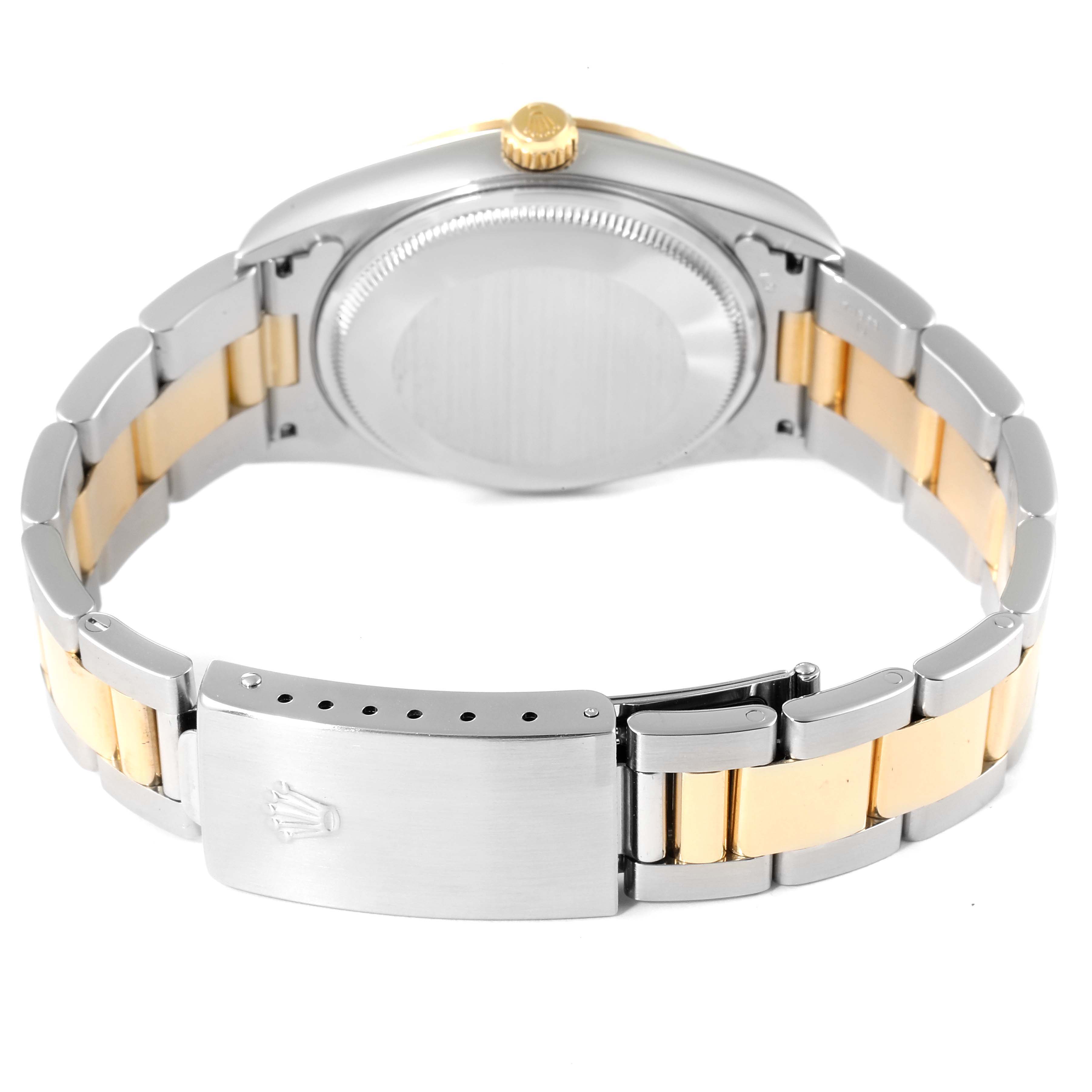 This image shows the back view of a Rolex Oyster Perpetual 14233 Men's Steel and Gold (two tone) Grey Dial 14233 Men's Steel and Gold (two tone) Grey Dial watch, highlighting its two-tone metal bracelet and clasp.