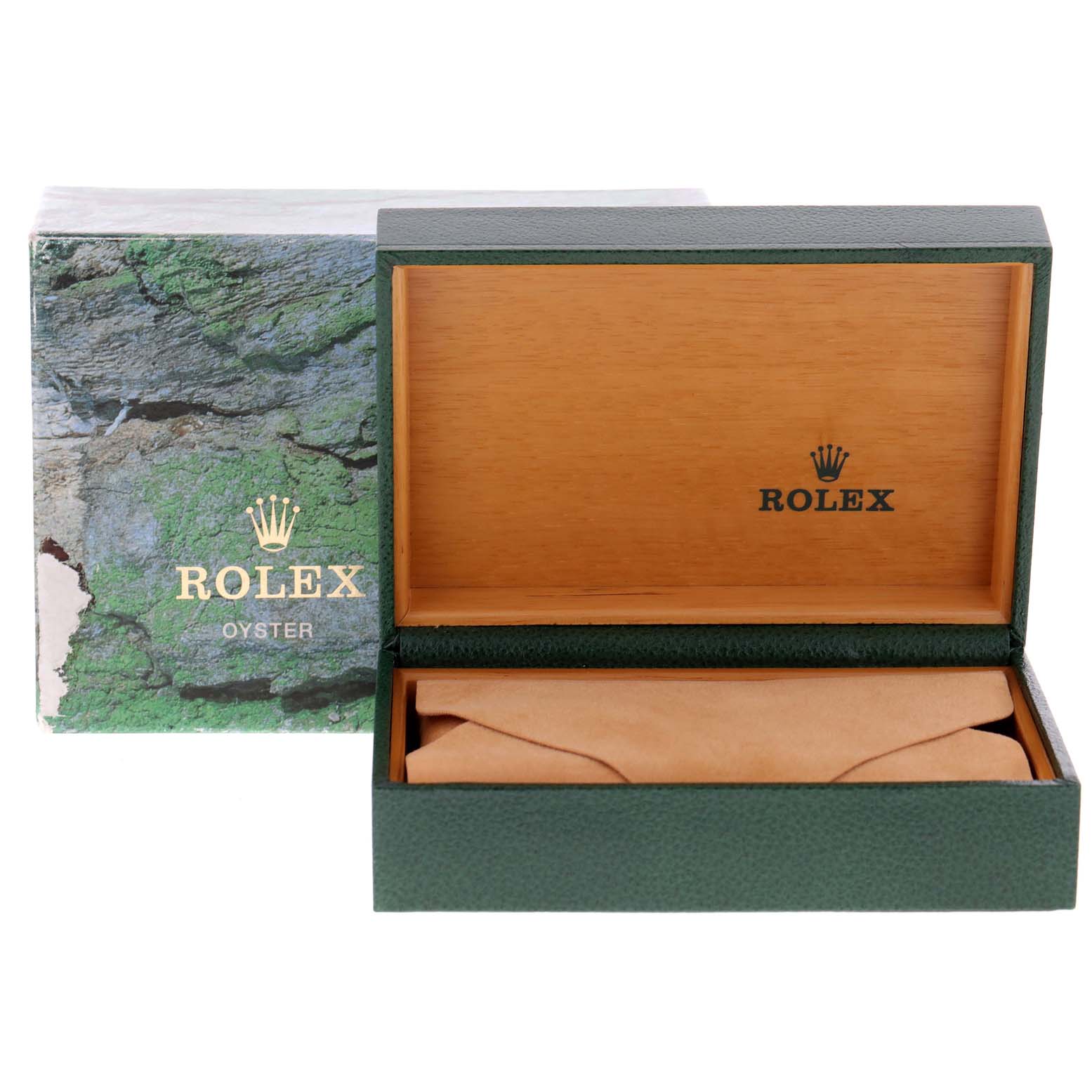 The image shows the packaging and open box for a Rolex Oyster Perpetual 14233 Men's Steel and Gold (two tone) Grey Dial 14233 Men's Steel and Gold (two tone) Grey Dial watch.