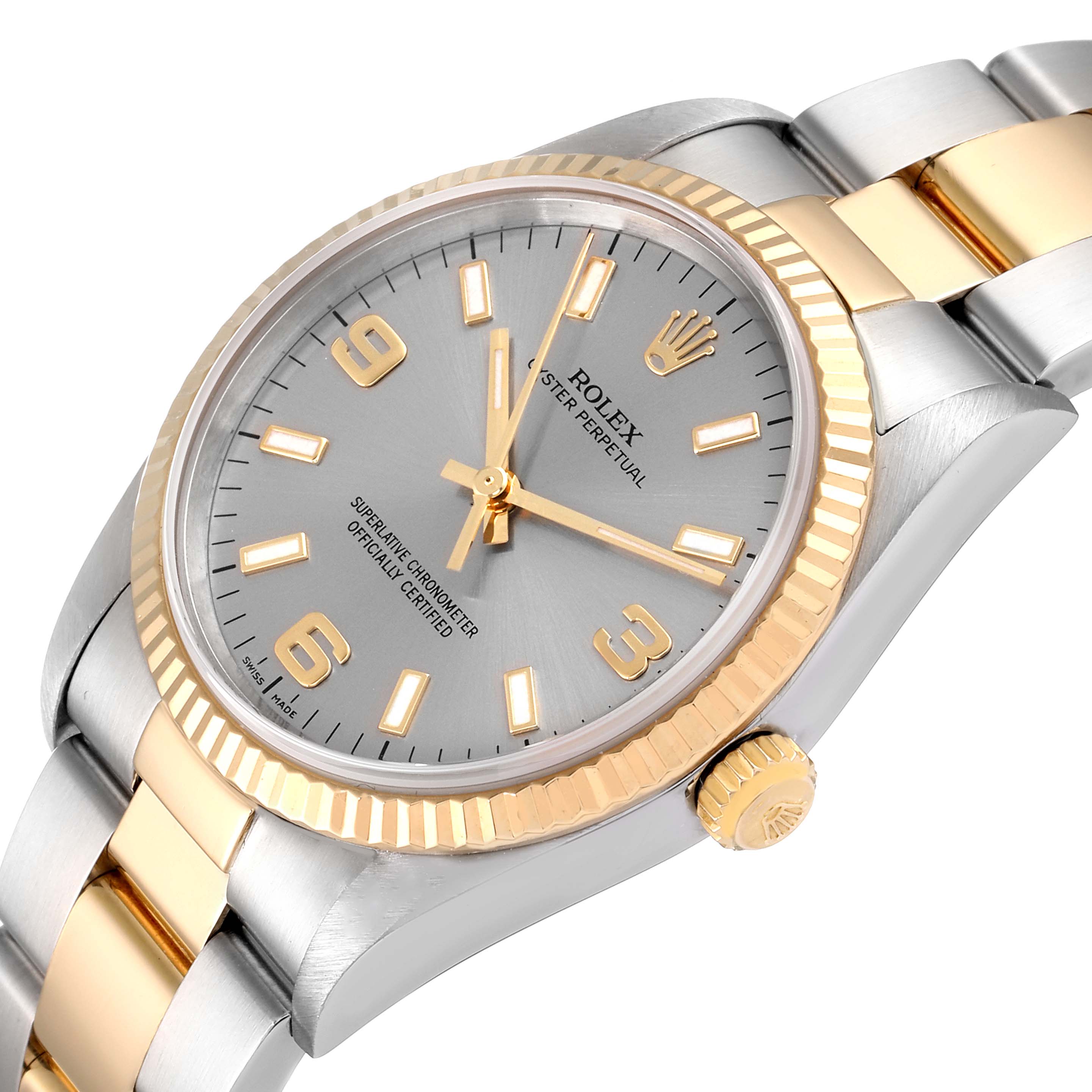 The image shows a Rolex Oyster Perpetual 14233 Men's Steel and Gold (two tone) Grey Dial 14233 Men's Steel and Gold (two tone) Grey Dial watch angled to reveal its face, bezel, dial, and part of the bracelet.