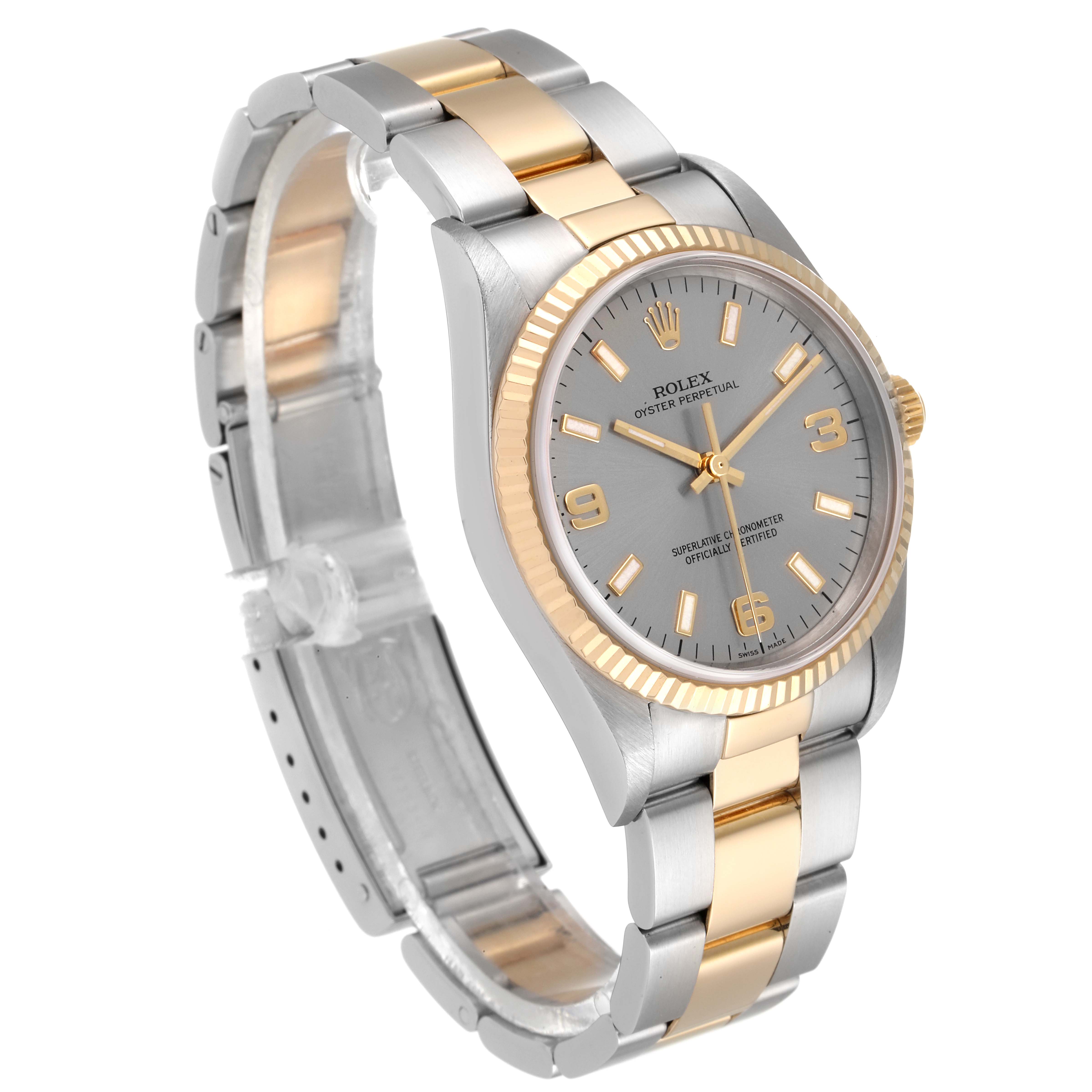 The image shows a side view of a Rolex Oyster Perpetual 14233 Men's Steel and Gold (two tone) Grey Dial 14233 Men's Steel and Gold (two tone) Grey Dial watch, highlighting its two-tone bracelet, case, and dial.