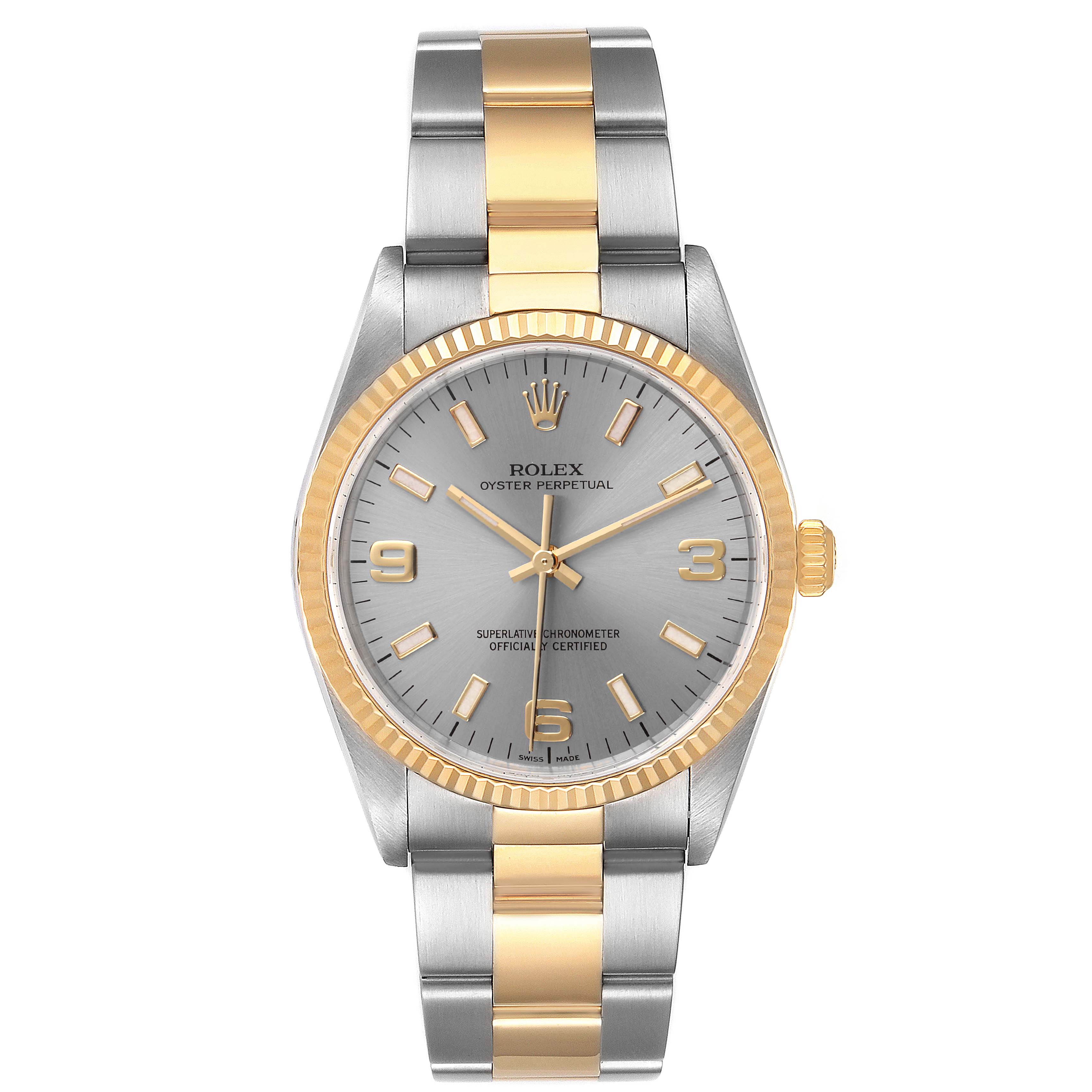 This image shows a front view of the Rolex Oyster Perpetual 14233 Men's Steel and Gold (two tone) Grey Dial 14233 Men's Steel and Gold (two tone) Grey Dial watch, featuring a two-tone metal bracelet and a grey dial.