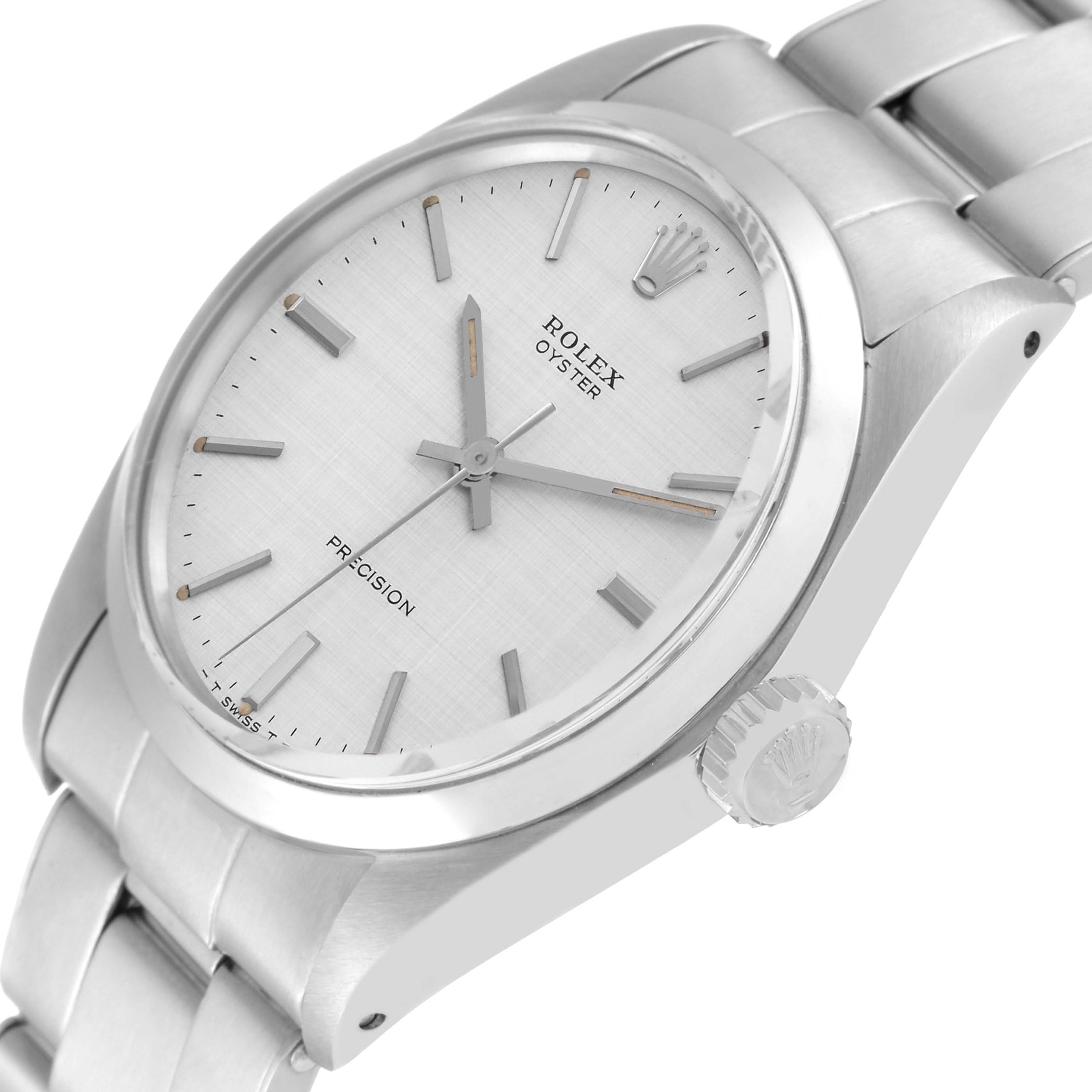 The image shows a side angle of a Rolex Oyster Perpetual 6426 Men's Stainless Steel Silver Dial 6426 Men's Stainless Steel Silver Dial watch, highlighting the crown, bezel, dial, and bracelet.