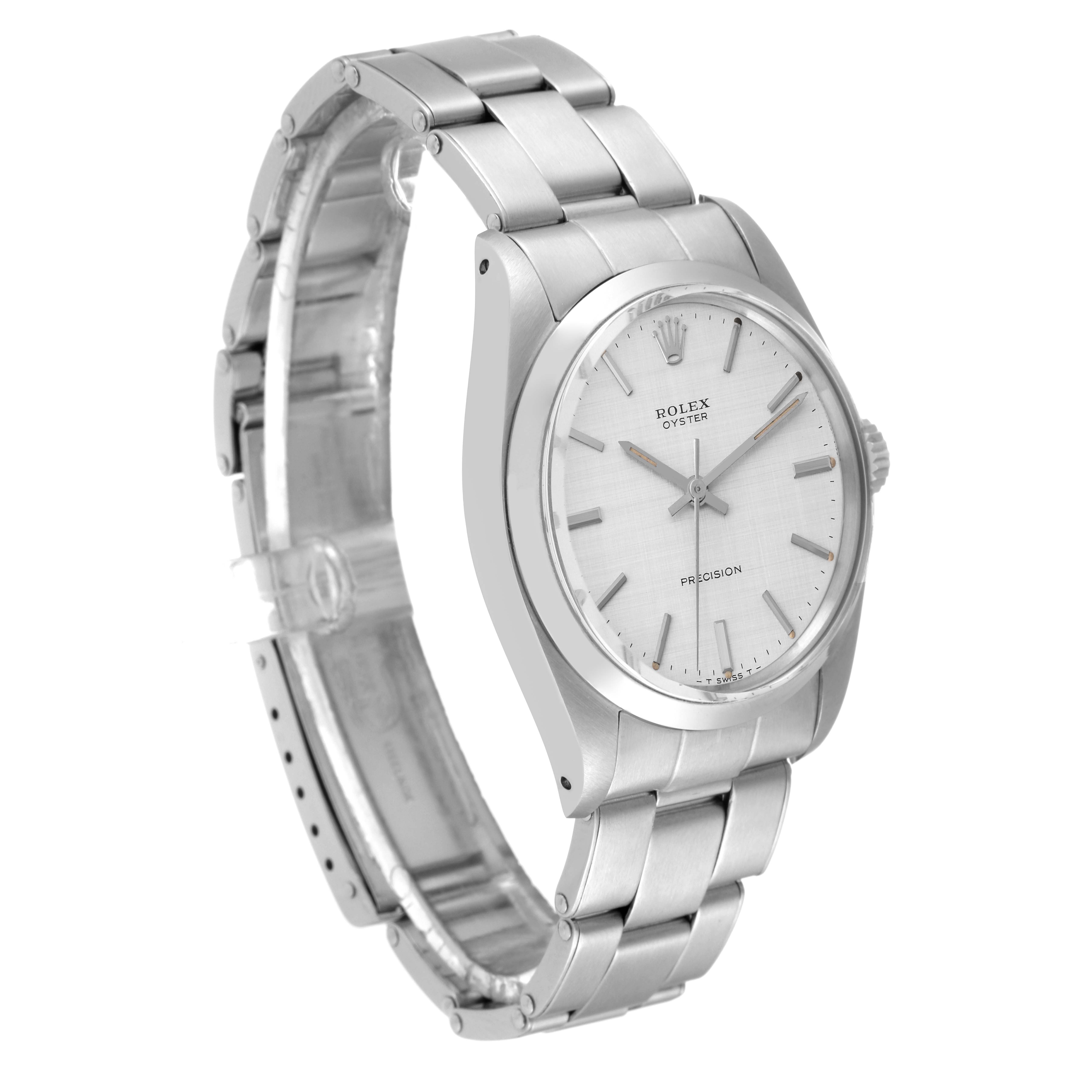 The Rolex Oyster Perpetual 6426 Men's Stainless Steel Silver Dial 6426 Men's Stainless Steel Silver Dial watch is shown at a three-quarter angle, displaying its face, bezel, and bracelet.