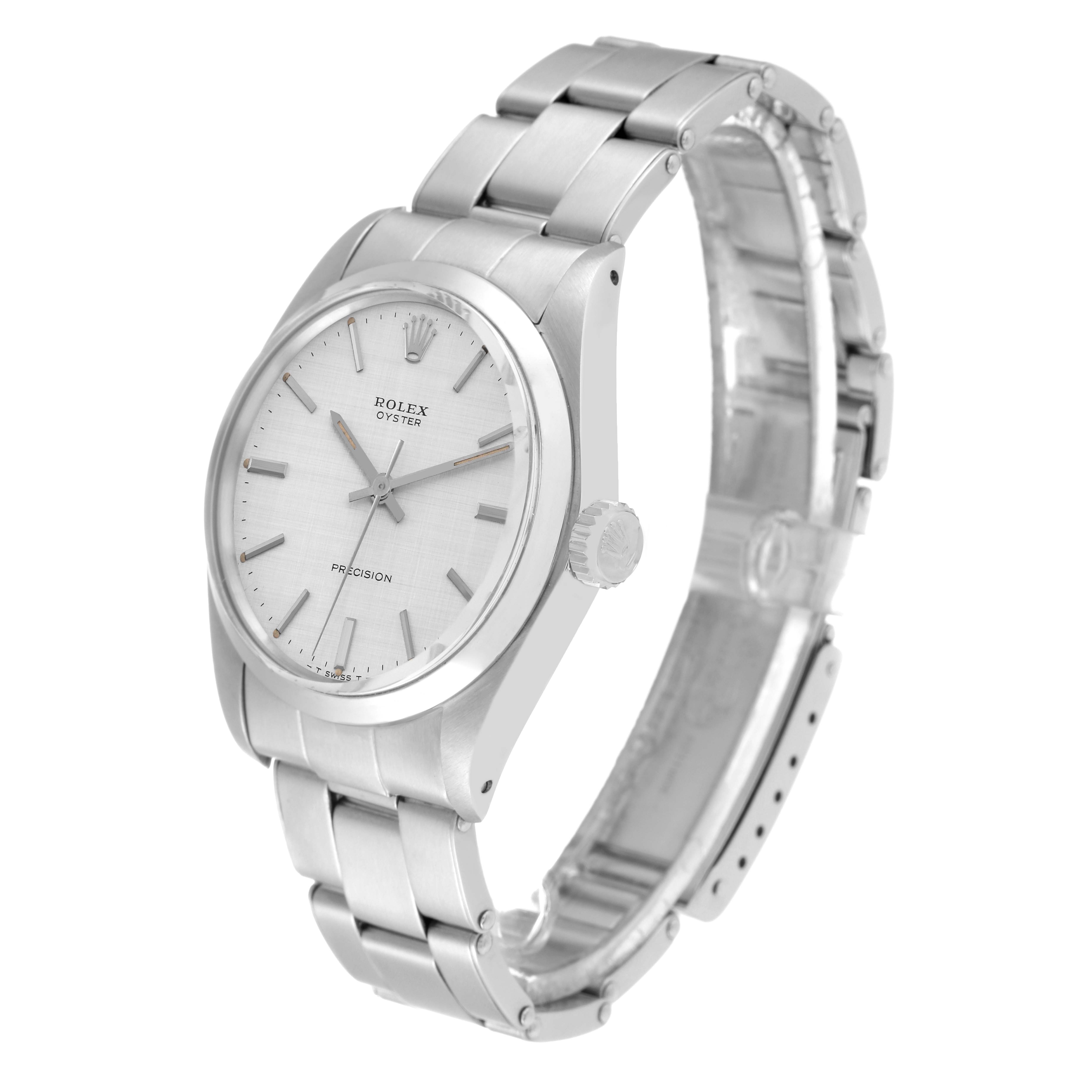 This image shows a side angle of the Rolex Oyster Perpetual 6426 Men's Stainless Steel Silver Dial 6426 Men's Stainless Steel Silver Dial watch, highlighting the dial, case, bracelet, and crown.
