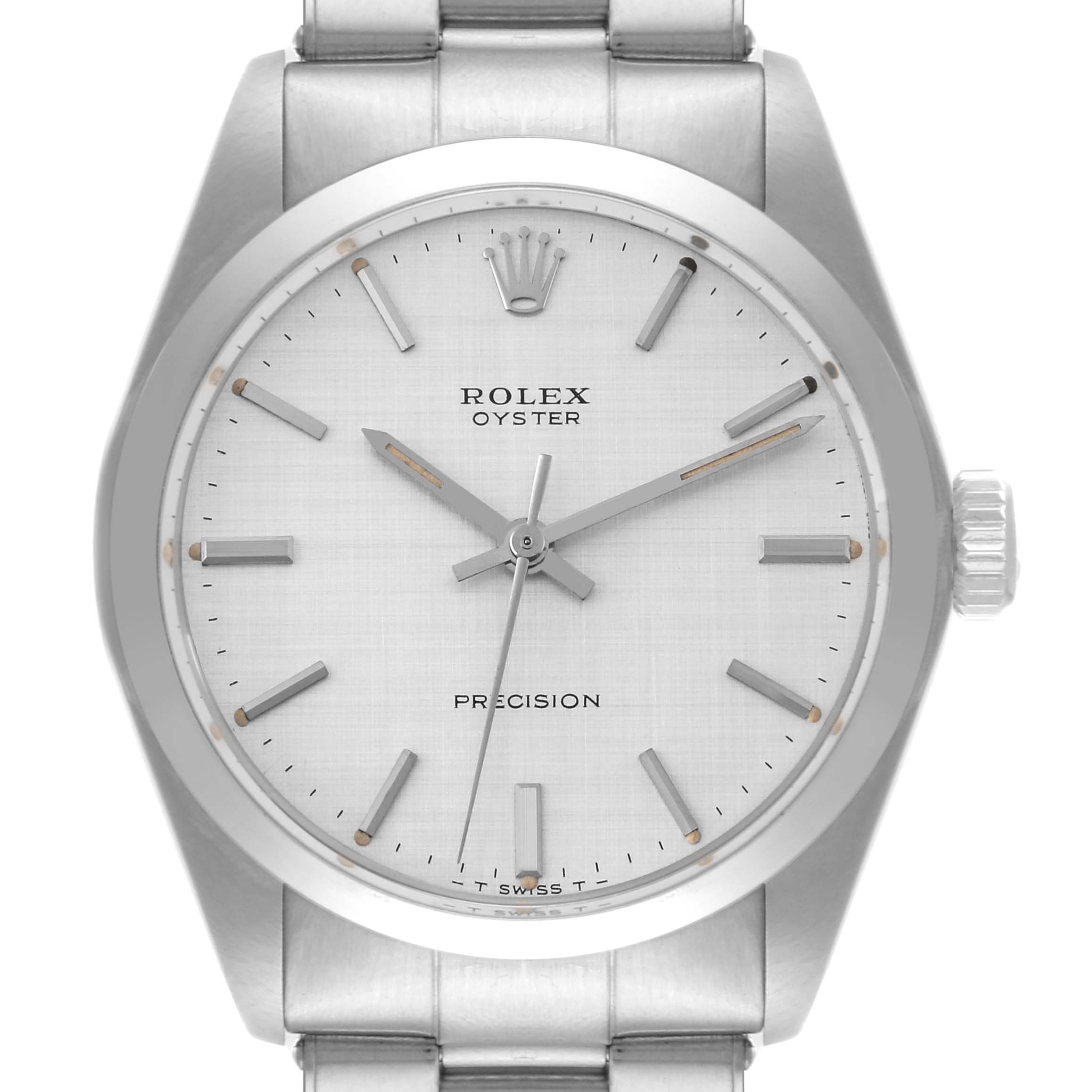 The image shows a front view of the Rolex Oyster Perpetual 6426 Men's Stainless Steel Silver Dial 6426 Men's Stainless Steel Silver Dial watch, highlighting its face, dial, and part of the bracelet.