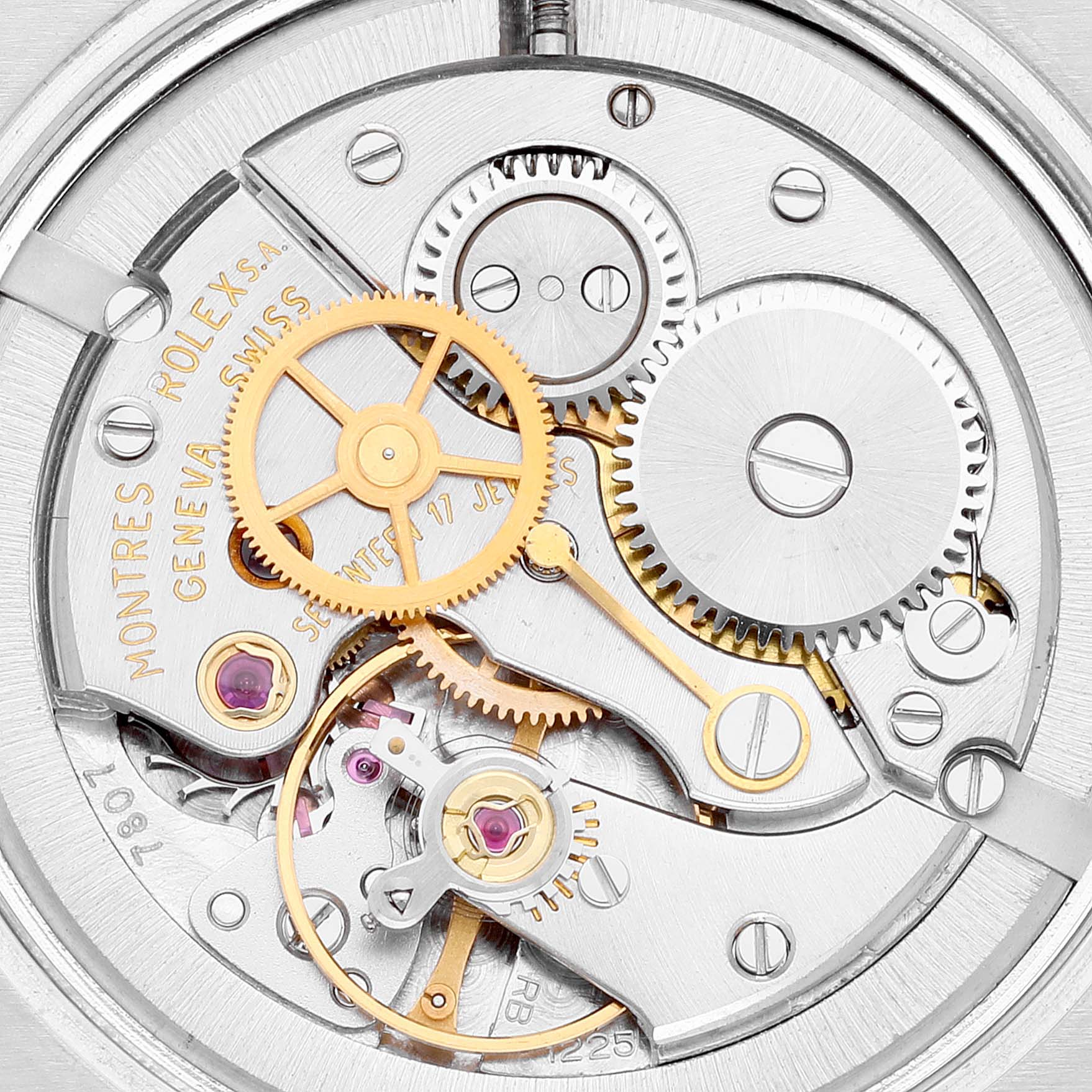 This image shows a close-up of the movement mechanism and internal gears of a Rolex Oyster Perpetual 6426 Men's Stainless Steel Silver Dial 6426 Men's Stainless Steel Silver Dial model.