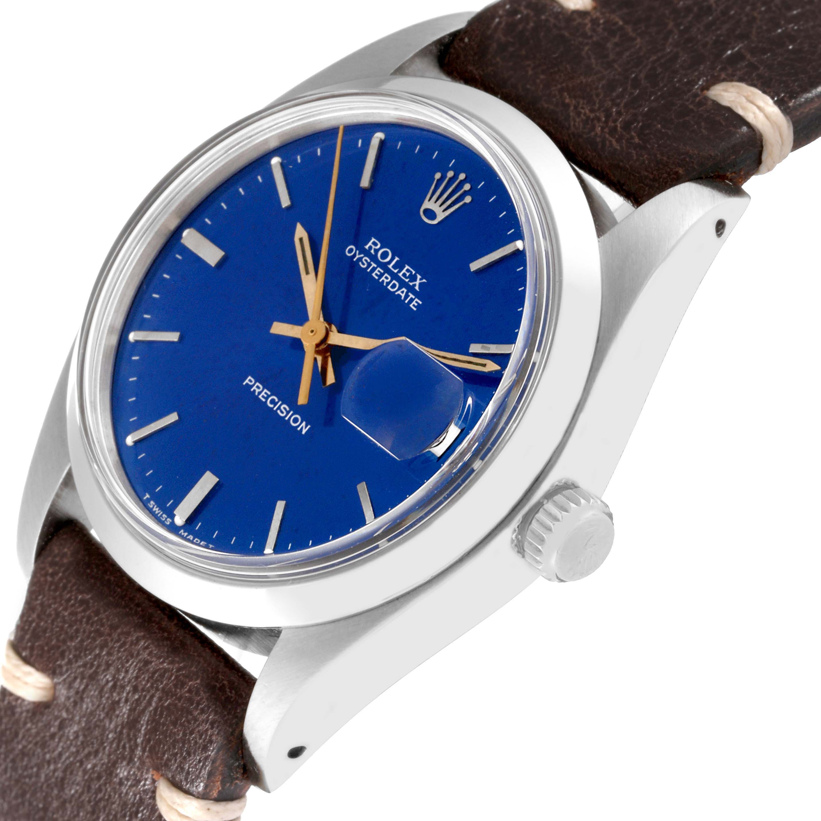 The Rolex Vintage Collection 6694 Men's Stainless Steel Blue Dial 6694 Men's Stainless Steel Blue Dial watch is shown at a slight angle, highlighting its blue dial, crown, and leather strap.