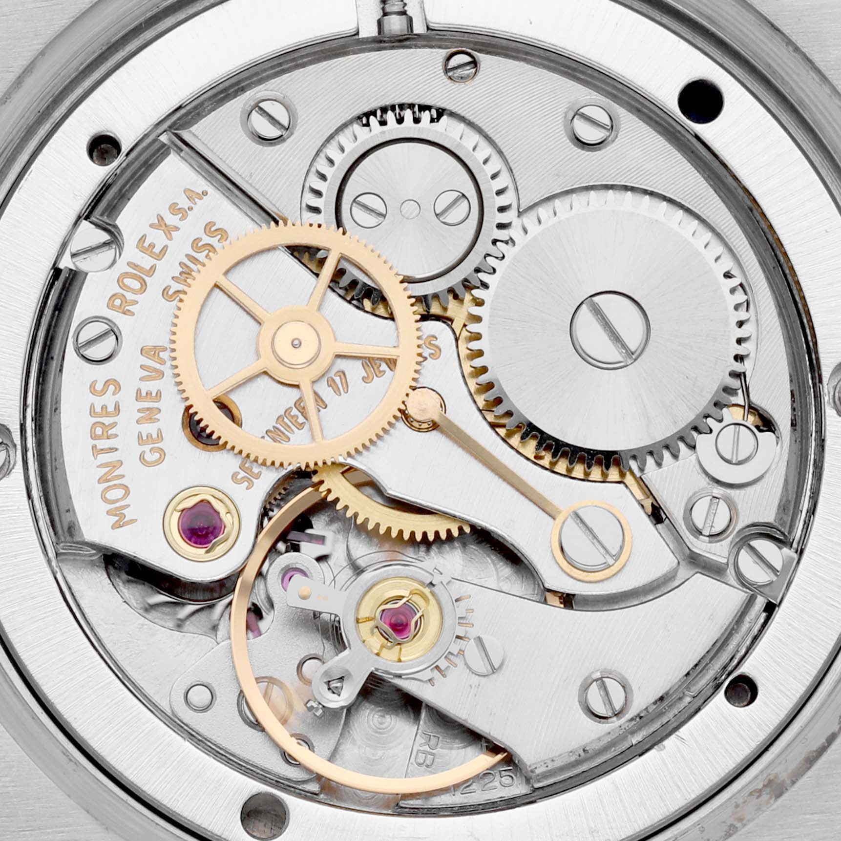 The image shows the intricate internal mechanics of the Rolex Vintage Collection 6694 Men's Stainless Steel Blue Dial 6694 Men's Stainless Steel Blue Dial model watch, viewed from the back.