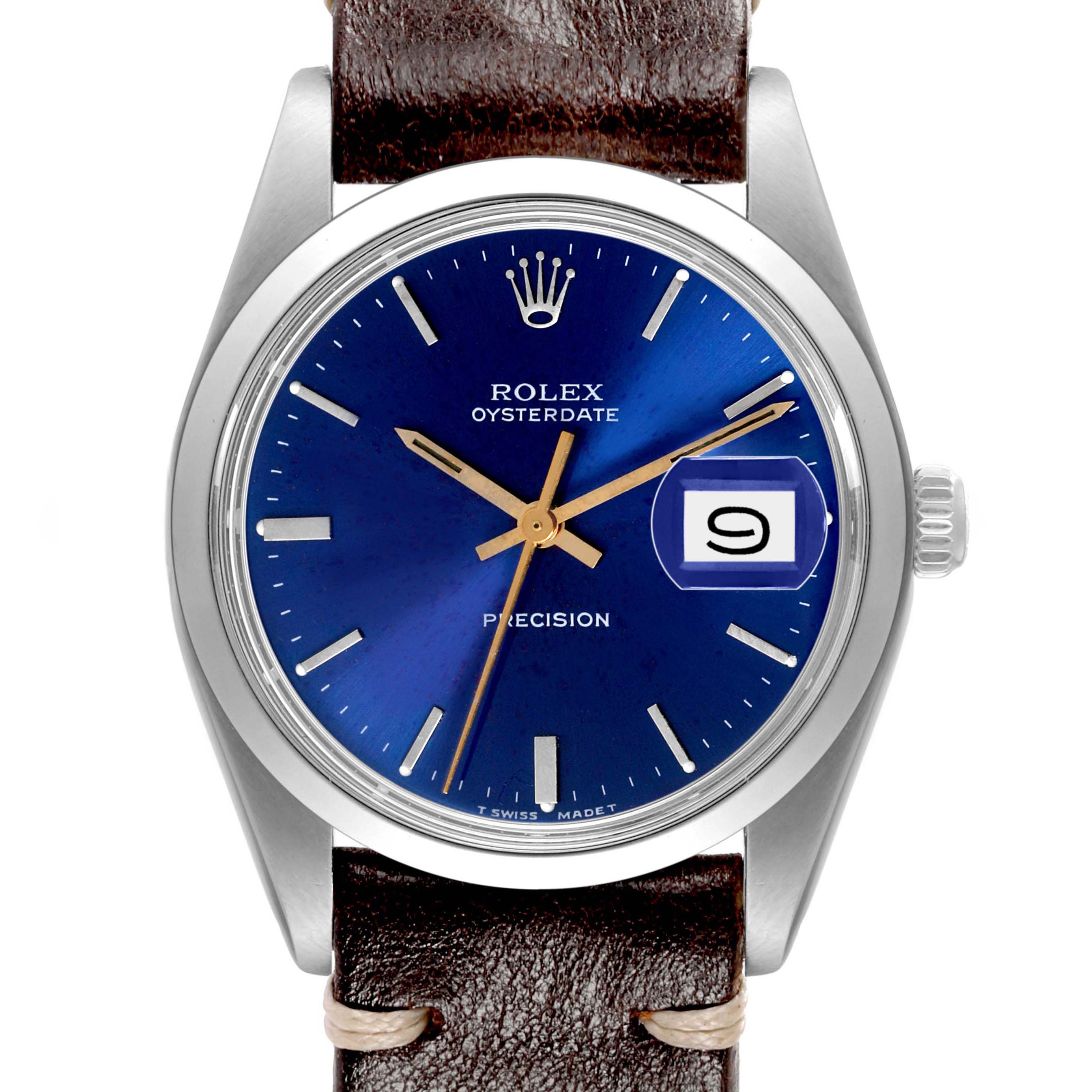 The image shows a front view of the Rolex Vintage Collection 6694 Men's Stainless Steel Blue Dial 6694 Men's Stainless Steel Blue Dial "Oysterdate Precision" watch, highlighting its blue dial, date window, and brown leather strap.