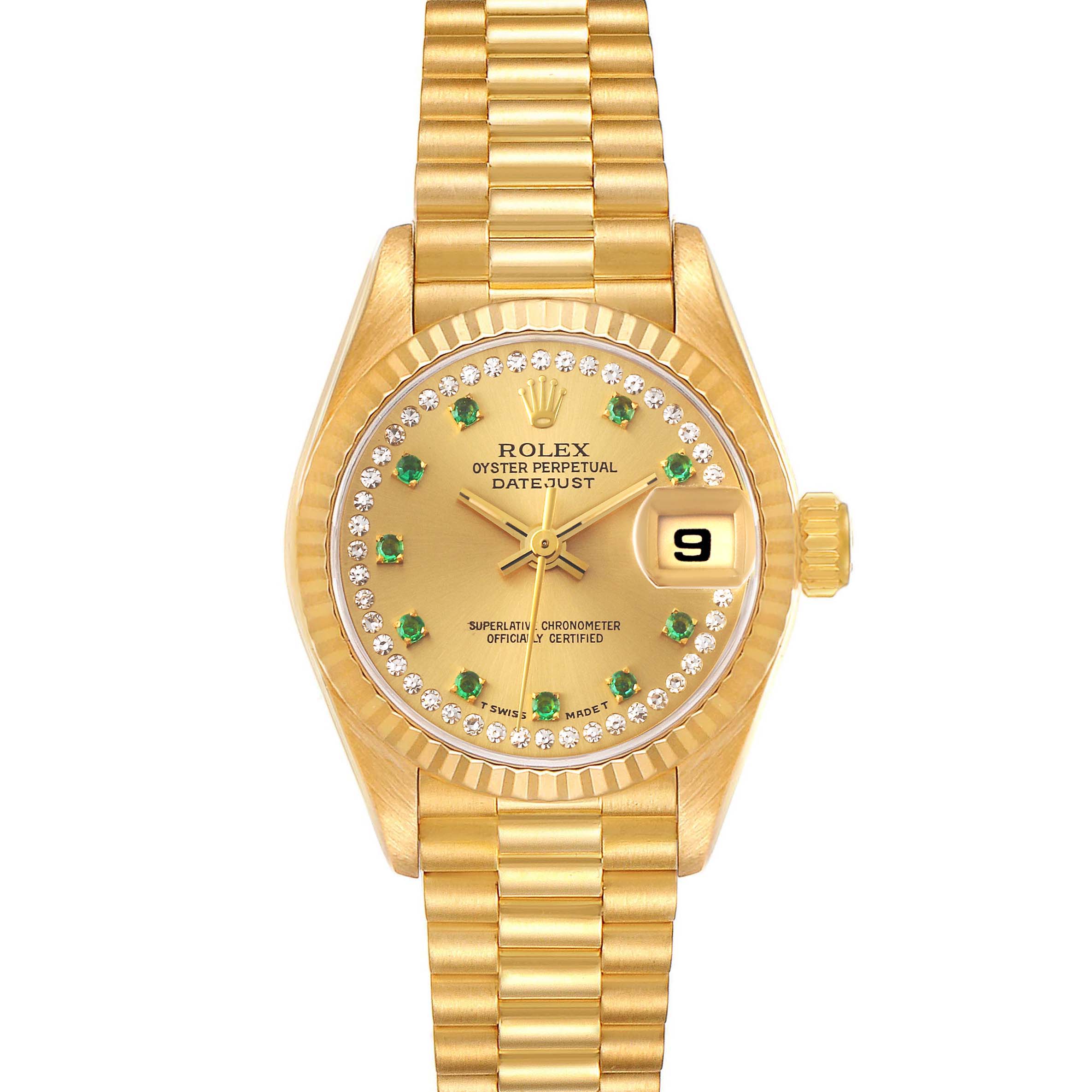 This Rolex President 69178 Women's Yellow Gold Champagne Dial 69178 Women's Yellow Gold Champagne Dial watch model is shown from the front, displaying its bracelet, bezel, dial, hands, and date window.