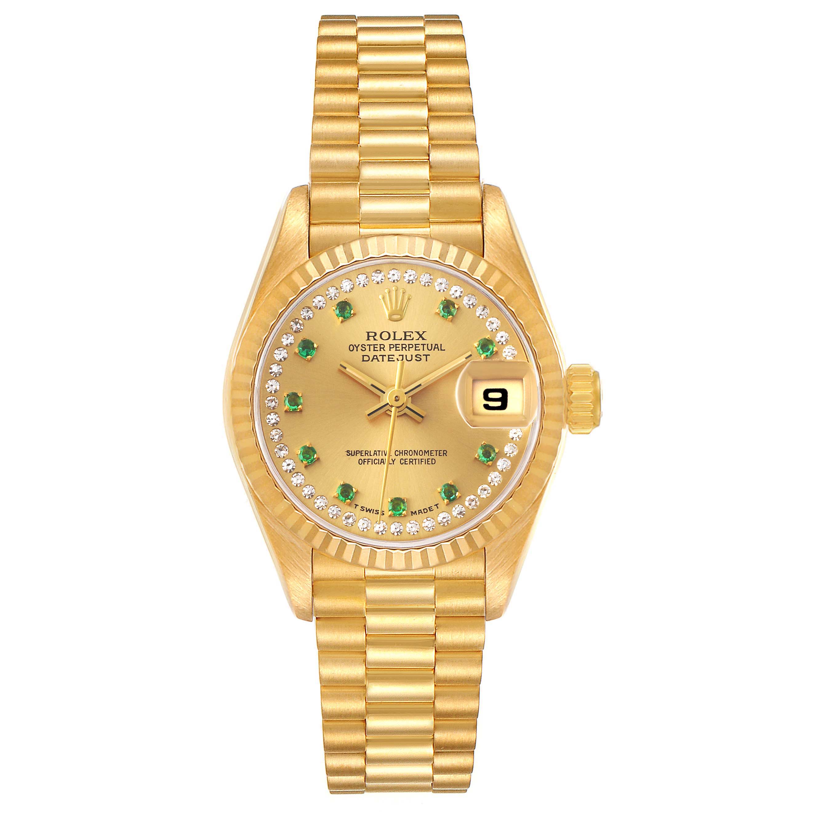 The image shows a Rolex President 69178 Women's Yellow Gold Champagne Dial 69178 Women's Yellow Gold Champagne Dial model watch with a gold bracelet, green and diamond hour markers, and a date window at 3 o'clock.