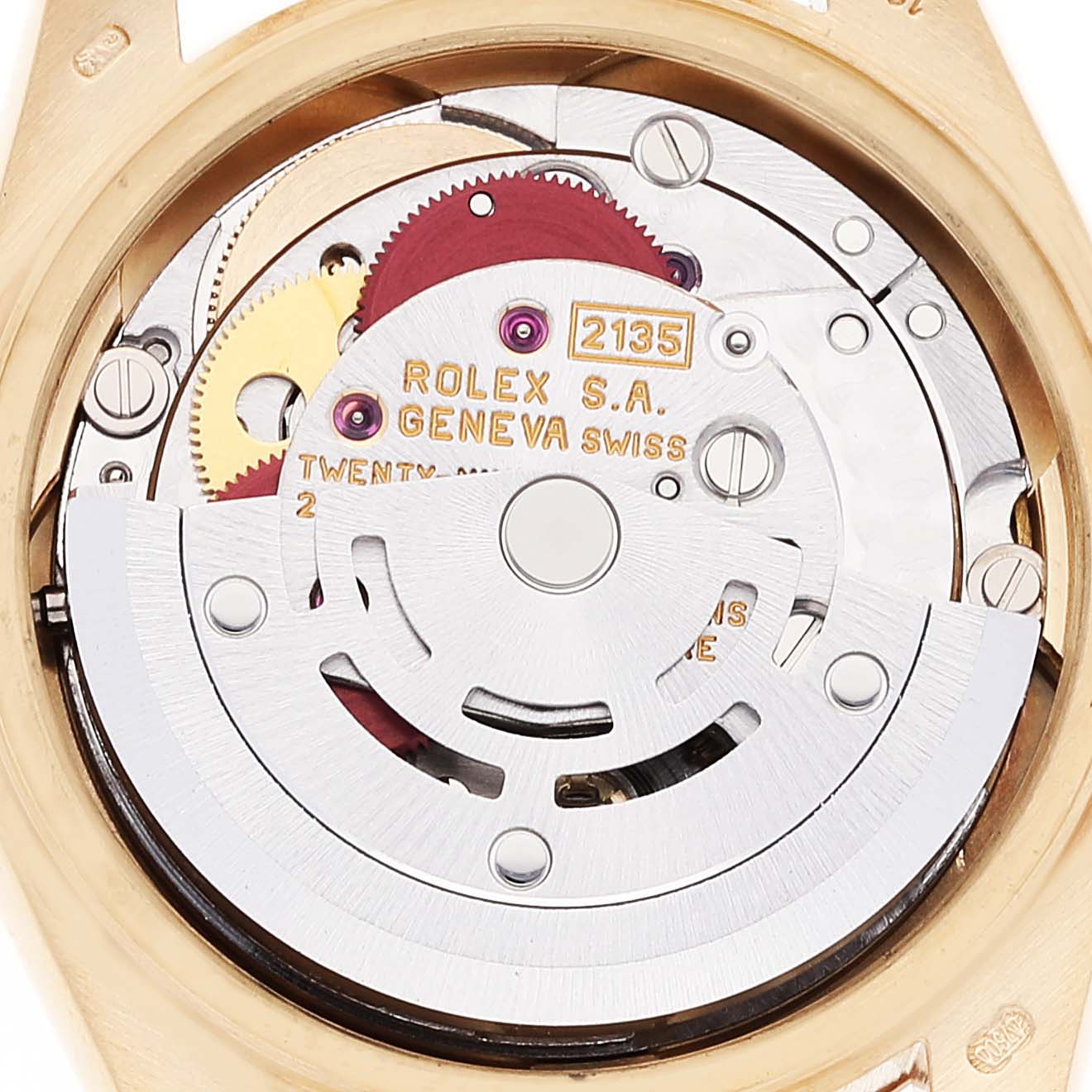 This image shows the internal movement mechanism of a Rolex President 69178 Women's Yellow Gold Champagne Dial 69178 Women's Yellow Gold Champagne Dial model watch, viewed from the back.