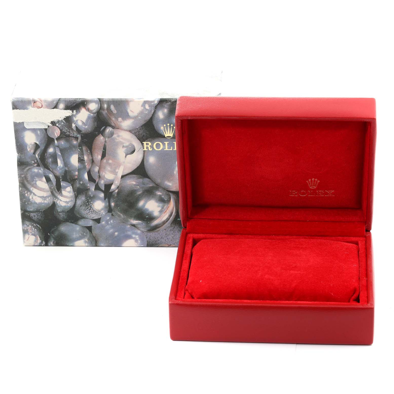 This image shows an open red Rolex watch box and its outer packaging, intended for the President model.