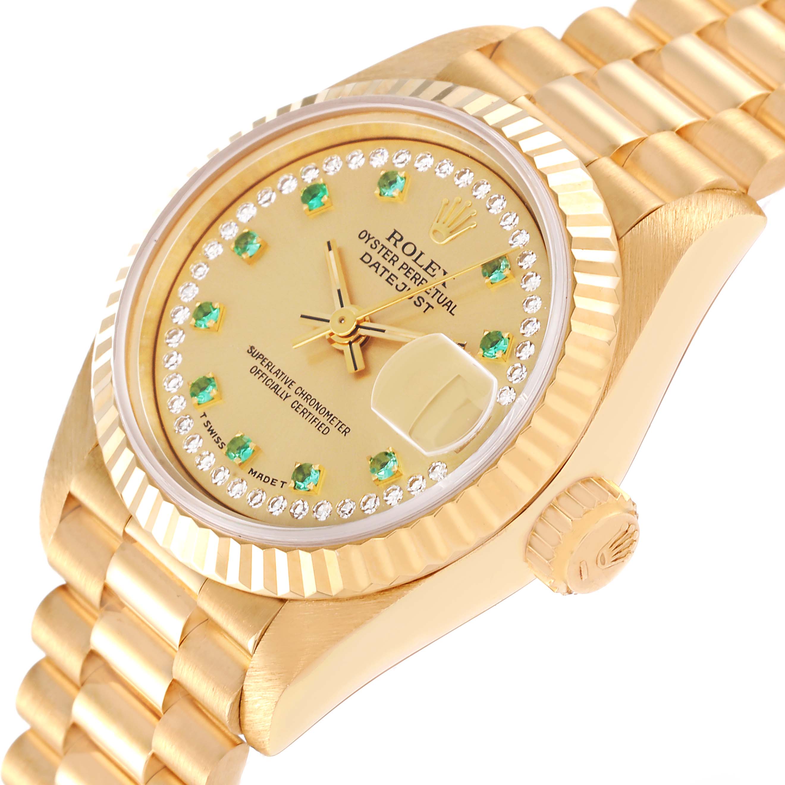 This Rolex President 69178 Women's Yellow Gold Champagne Dial 69178 Women's Yellow Gold Champagne Dial model watch is shown from a slight angle, highlighting the dial, bezel, crown, and part of the bracelet.