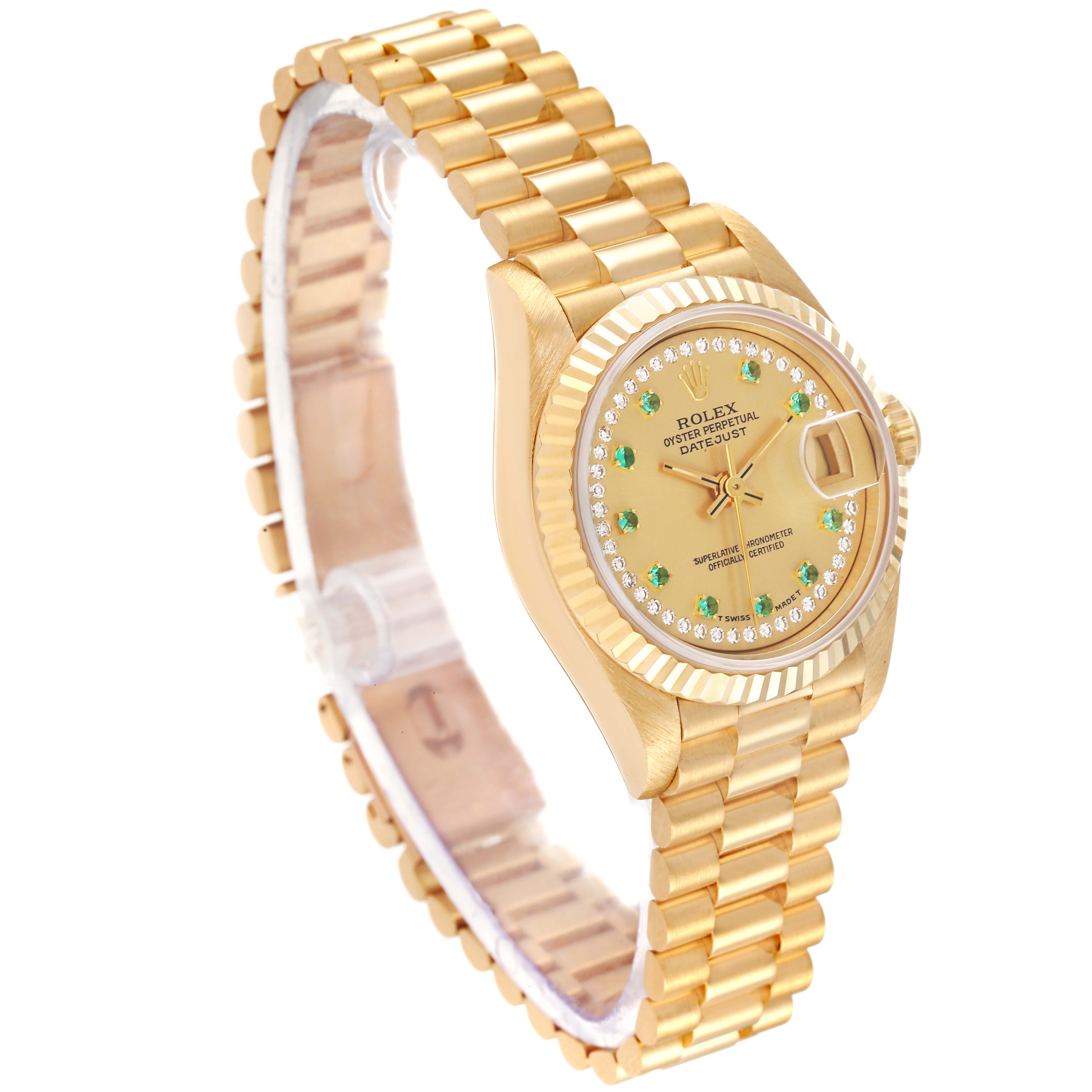 The Rolex President 69178 Women's Yellow Gold Champagne Dial 69178 Women's Yellow Gold Champagne Dial model watch is shown at a three-quarter angle, highlighting its bracelet, case, dial, and crown.