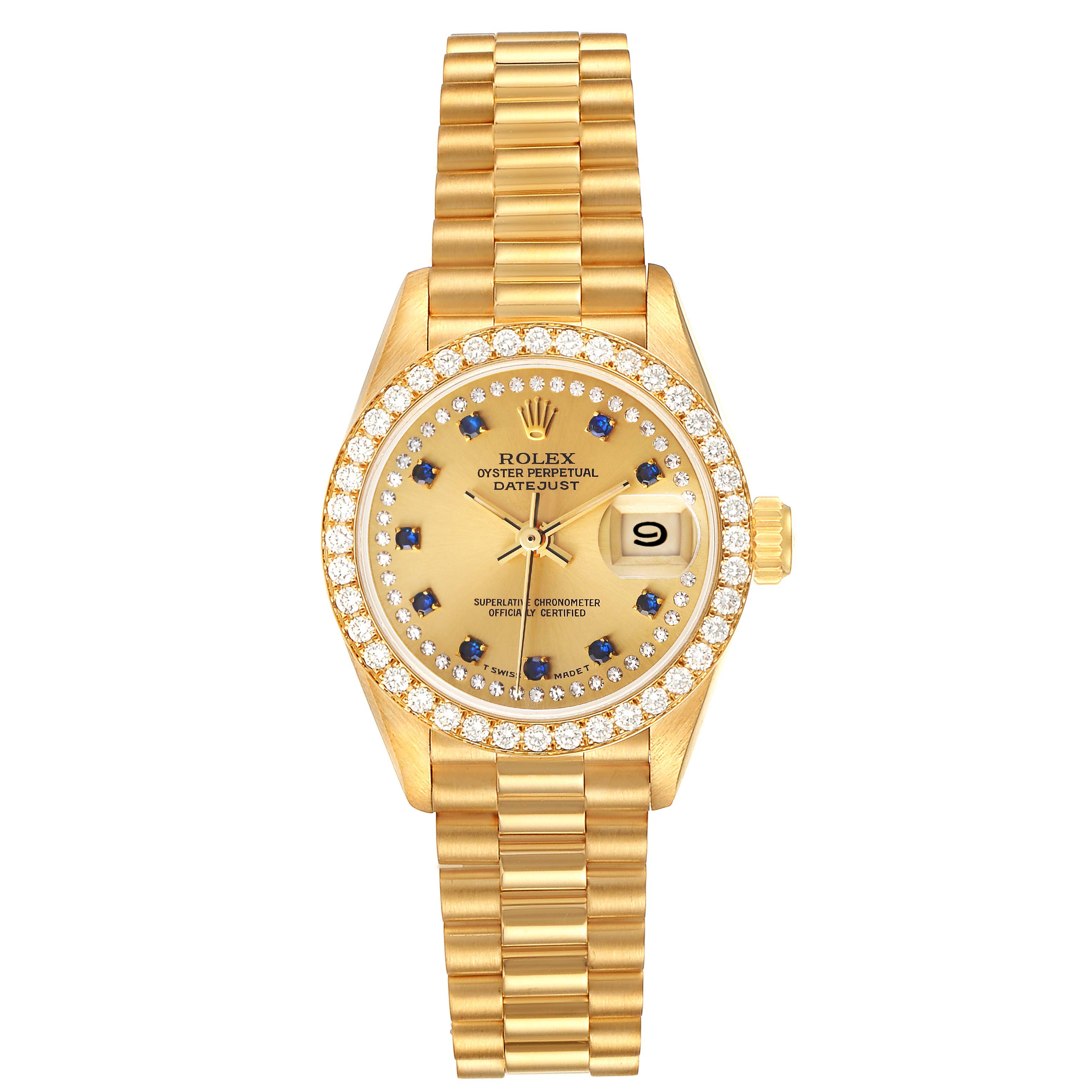 The image shows a front view of the Rolex President 69138 Women's Yellow Gold Champagne Dial 69138 Women's Yellow Gold Champagne Dial model, highlighting its gold bracelet, diamond bezel, and date display.