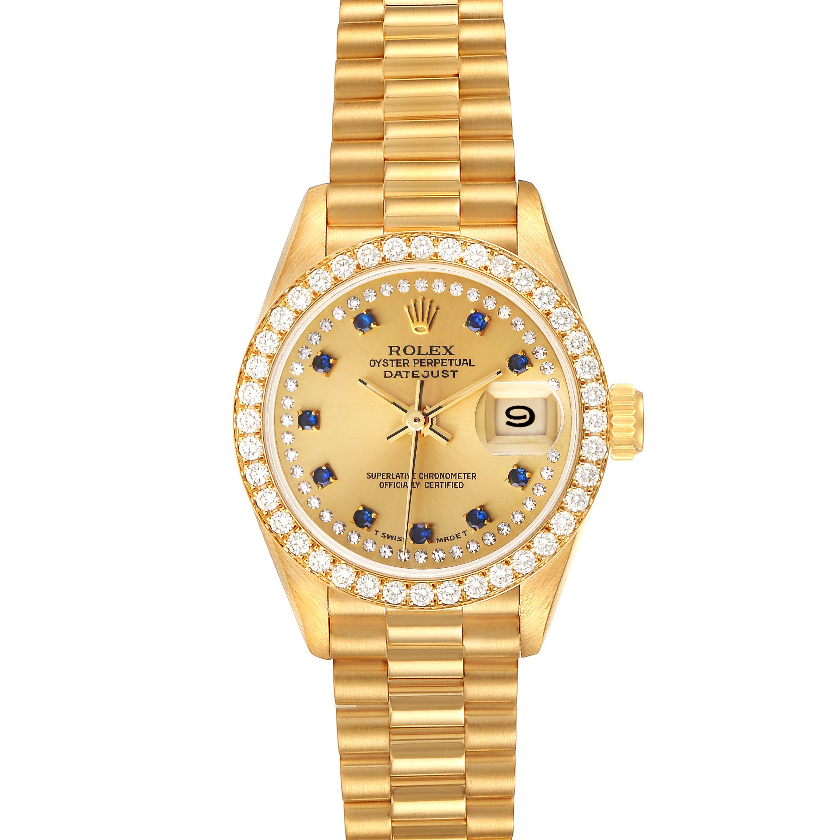 The Rolex President 69138 Women's Yellow Gold Champagne Dial 69138 Women's Yellow Gold Champagne Dial model watch is shown from the front, displaying its dial, bezel, and bracelet.
