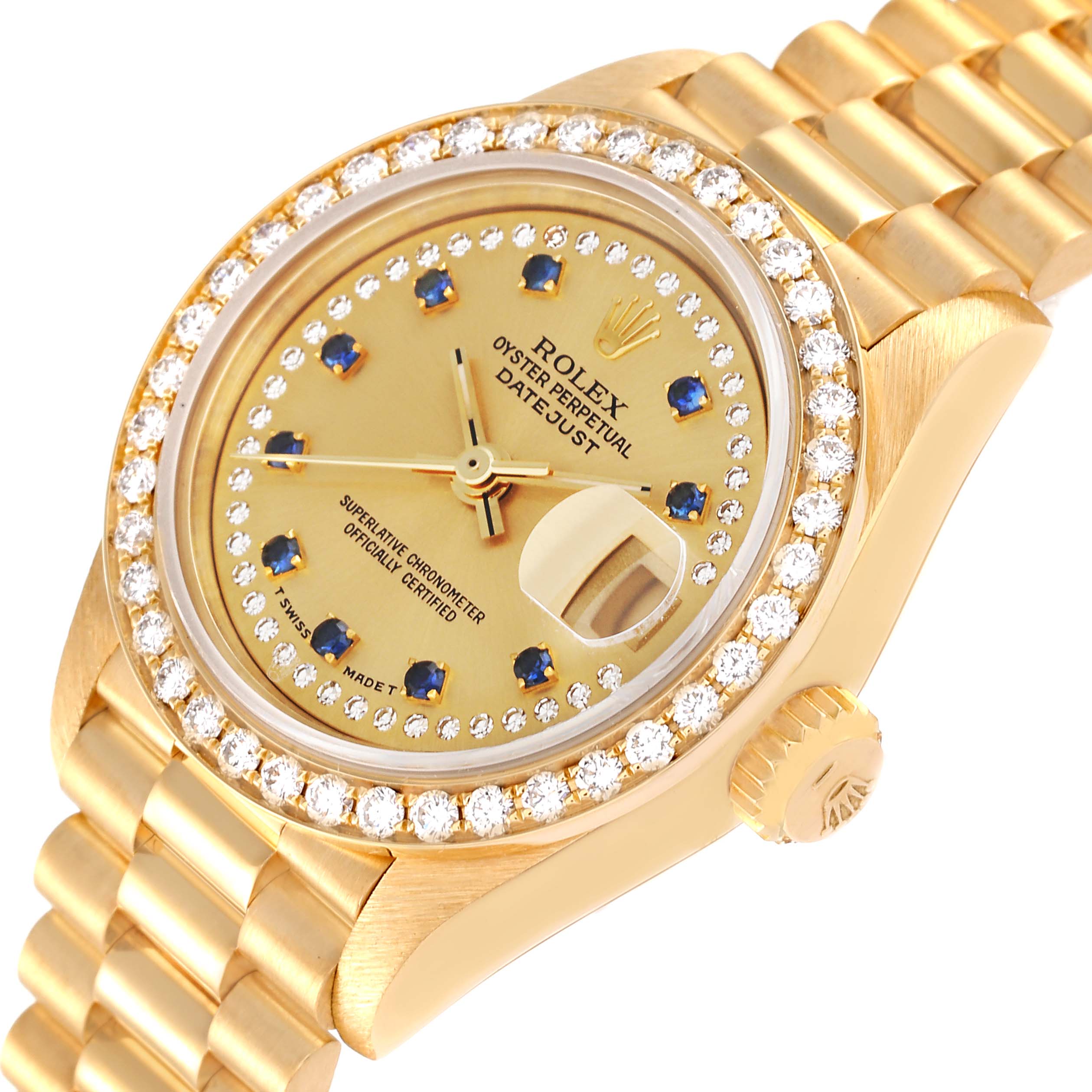 The image shows a Rolex President 69138 Women's Yellow Gold Champagne Dial 69138 Women's Yellow Gold Champagne Dial model watch from an angled top view, highlighting the case, dial, bezel, and crown.